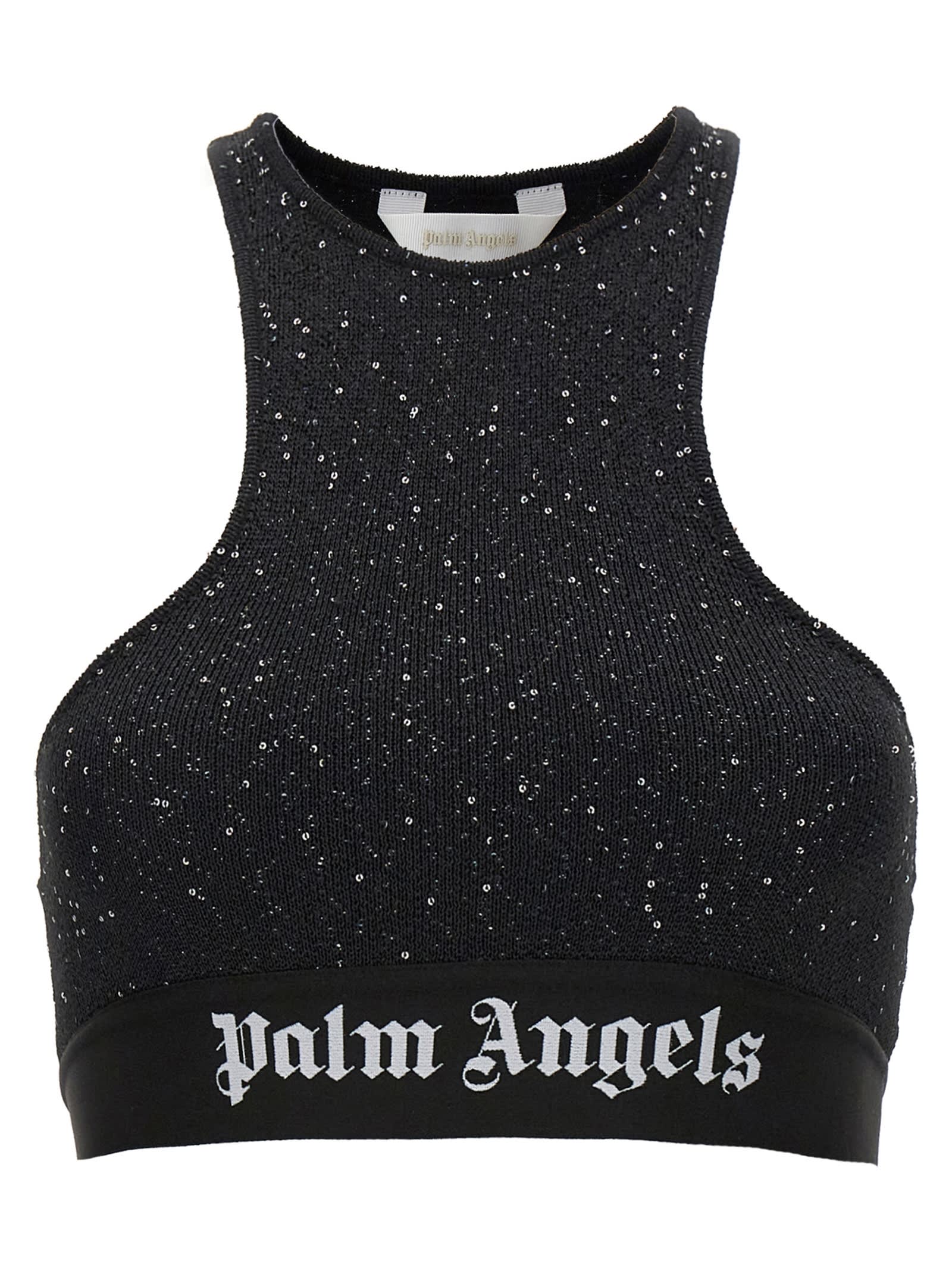 Palm Angels Classic Logo Cropped Lurex Top In Black