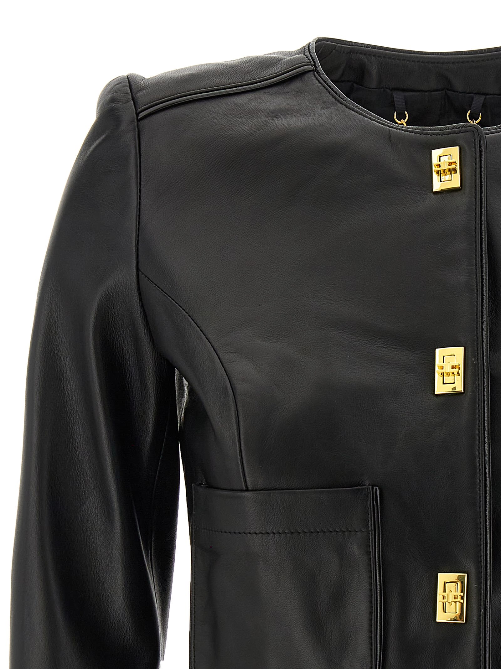 Elisabetta Franchi Leather Jacket With Monogram Metal Details In Black