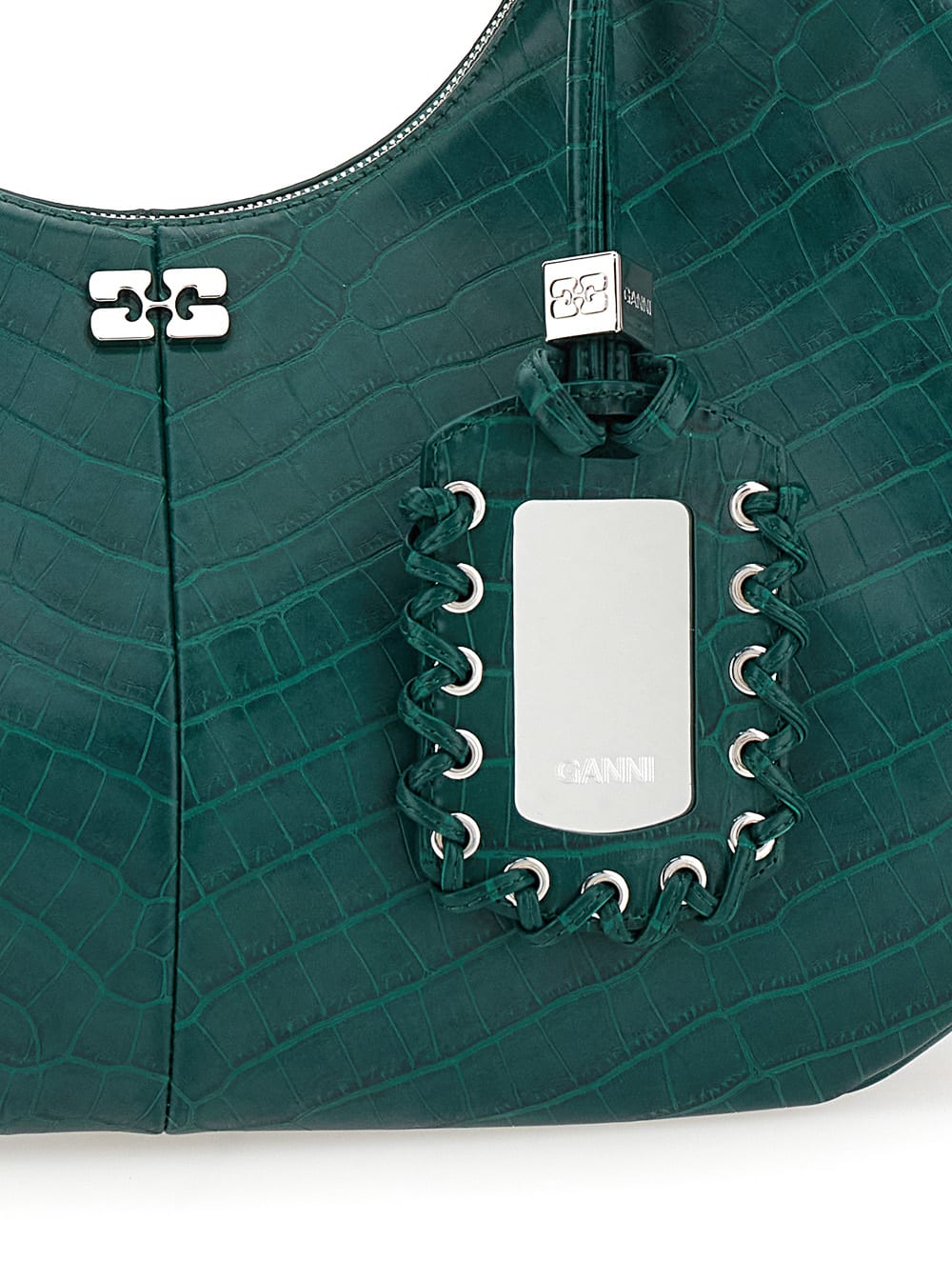 Ganni Medium Croco Hobo Bag In Green