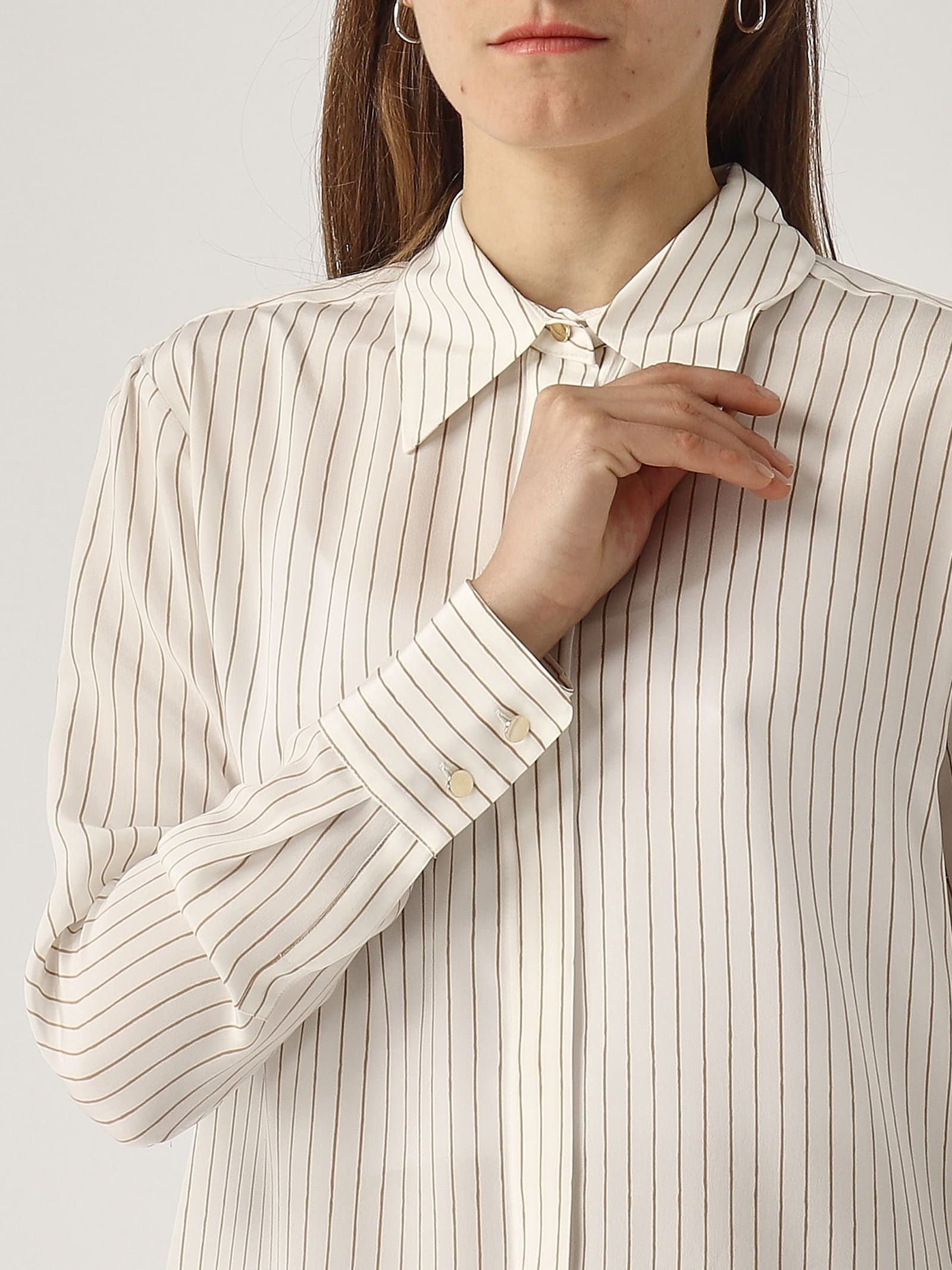 Max Mara Gong Shirt With Leather Stripe In Bianco-beige
