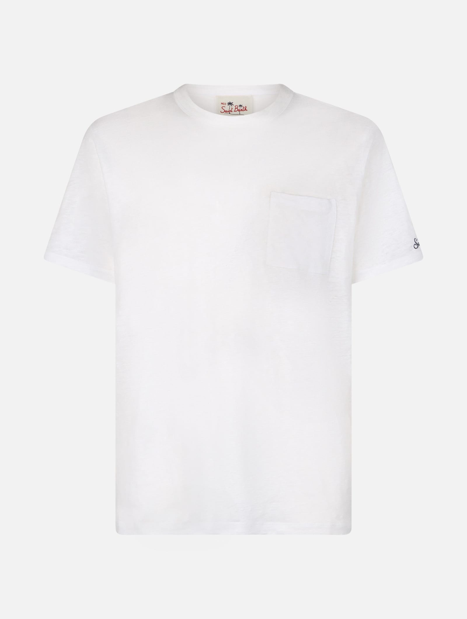 Mc2 Saint Barth Man Off-white Linen Jersey T-shirt Ecstasea With Pocket In White
