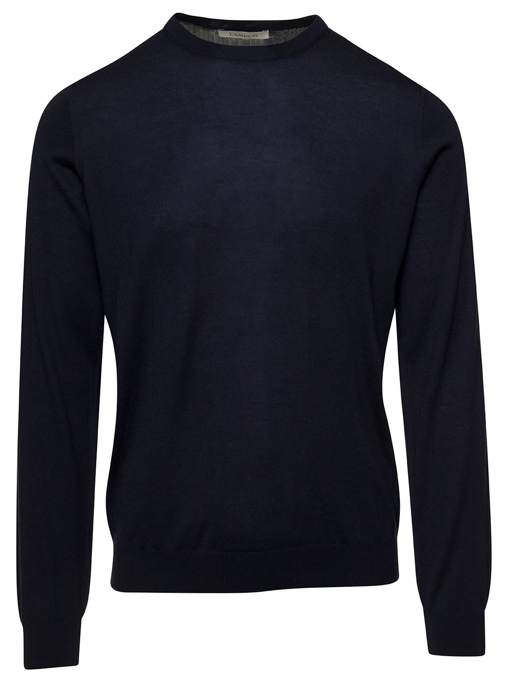 Shop Laneus Blue Crewneck Sweater With Ribbed Trim In Wool And Silk Man