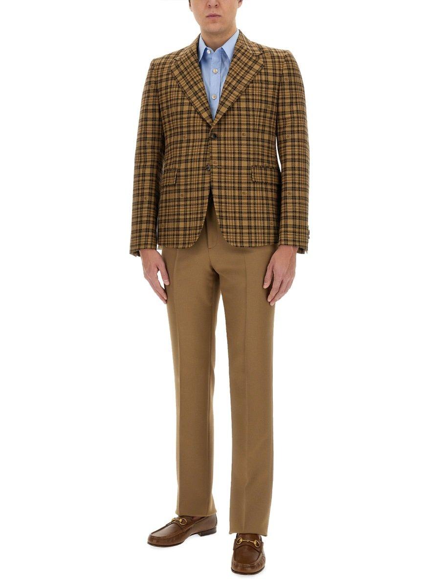 Gucci Double G Check-pattern Wool Blazer In Beige