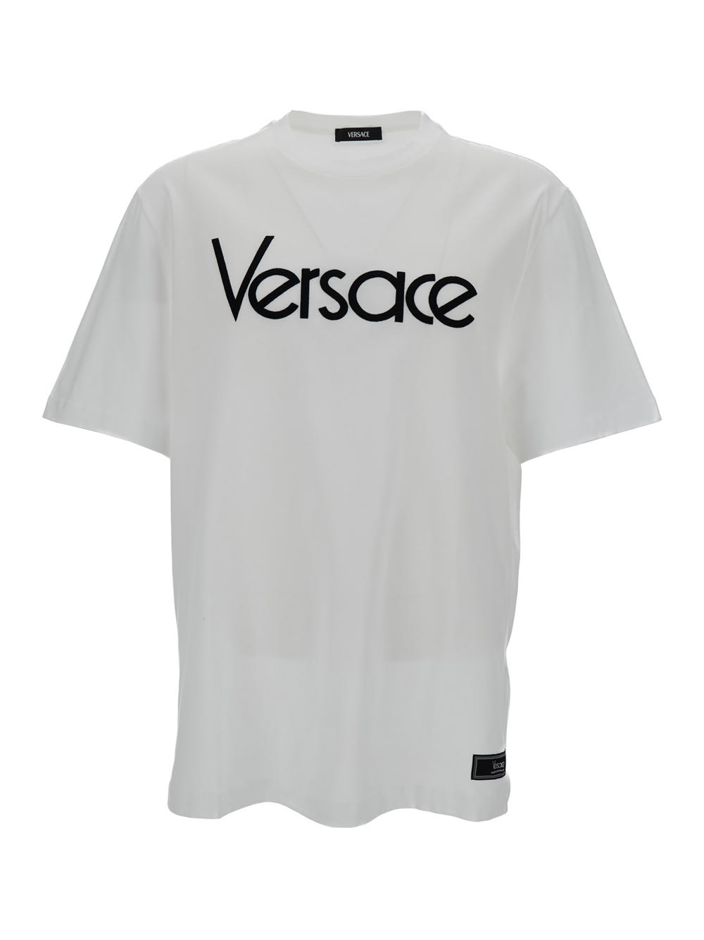 Shop Versace White Crewneck T-shirt With Logo Lettering Print In Cotton Man
