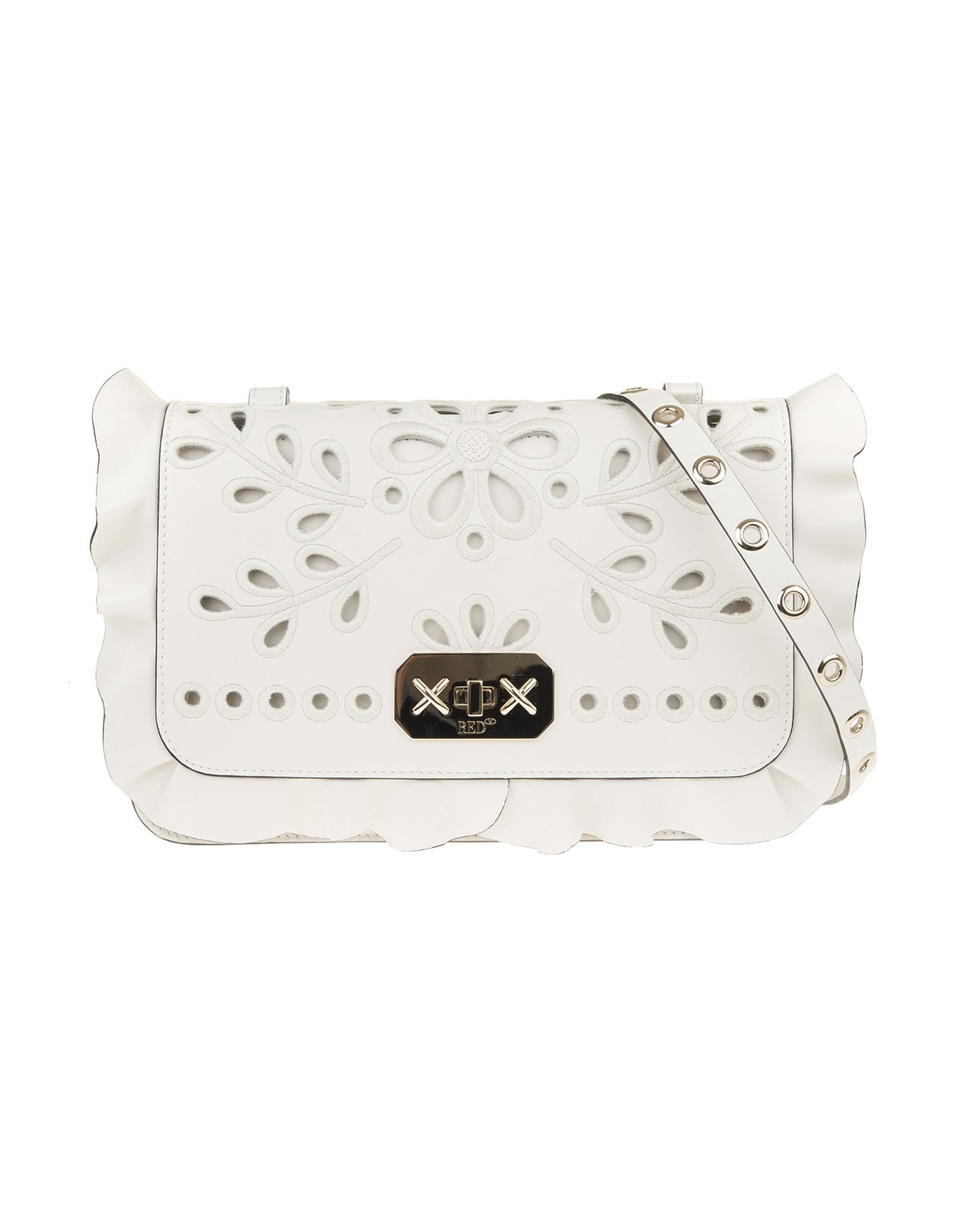 RED Valentino Perforated Flower Embroidered Ruffle Trim Crossbody Bag