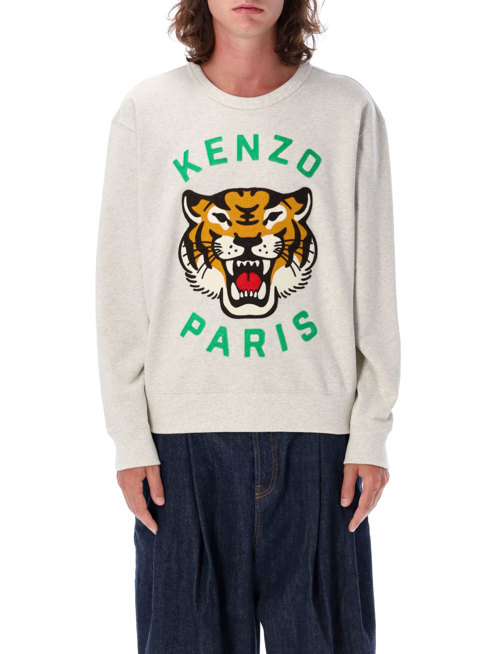 Shop Kenzo Lucky Tiger Over Crewneck In Light Grey