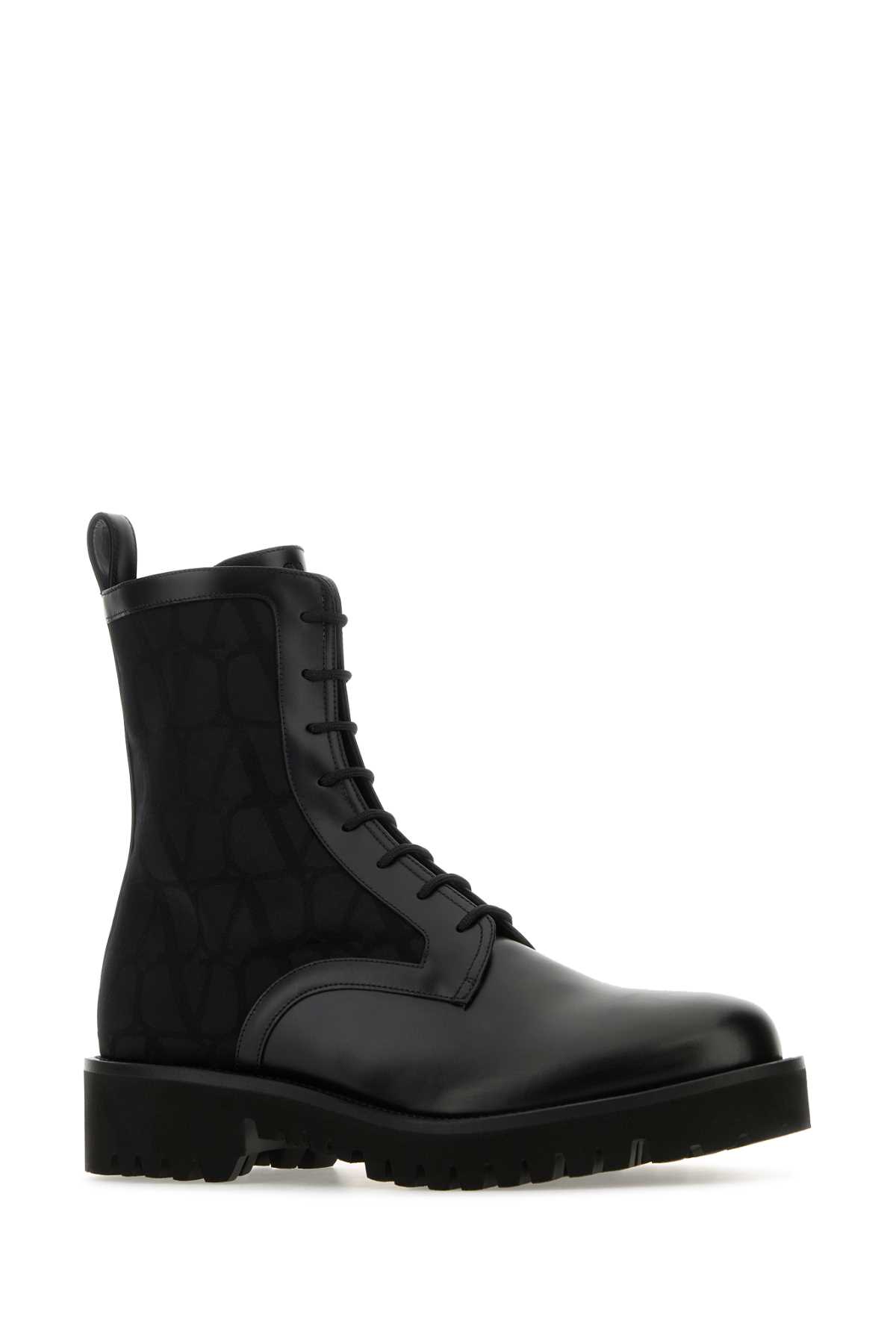 Valentino Garavani Black Toile Iconographe And Leather Ankle Boots In Nero