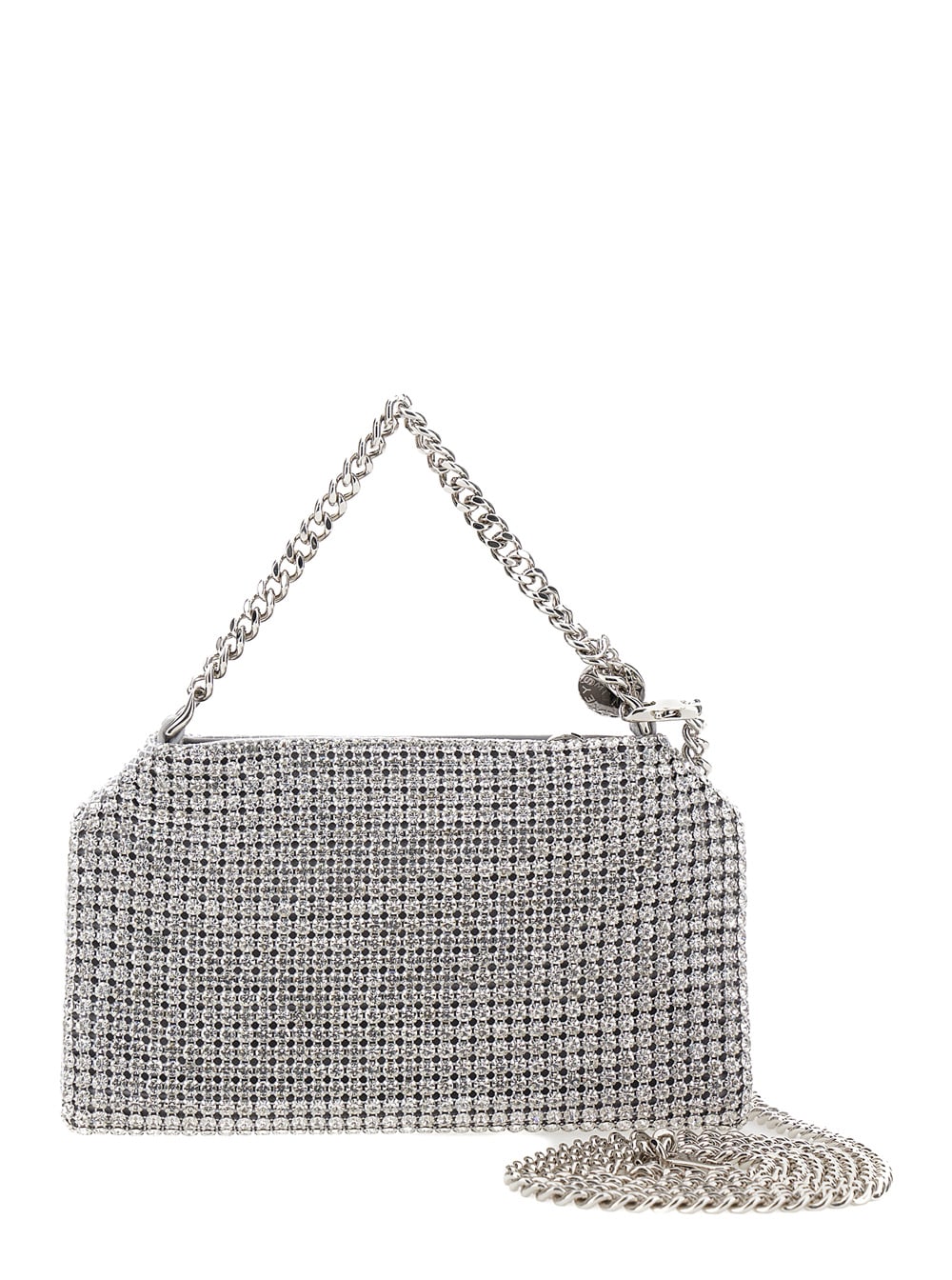 Shop Stella Mccartney Falabella Silver Shoulder Bag With Logo Charm And Crystals In Mesh Woman In Grey