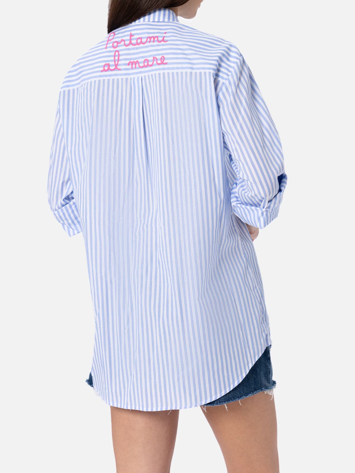 Shop Mc2 Saint Barth Woman Cotton Shirt Brigitte With Light Blue Striped Print In Sky