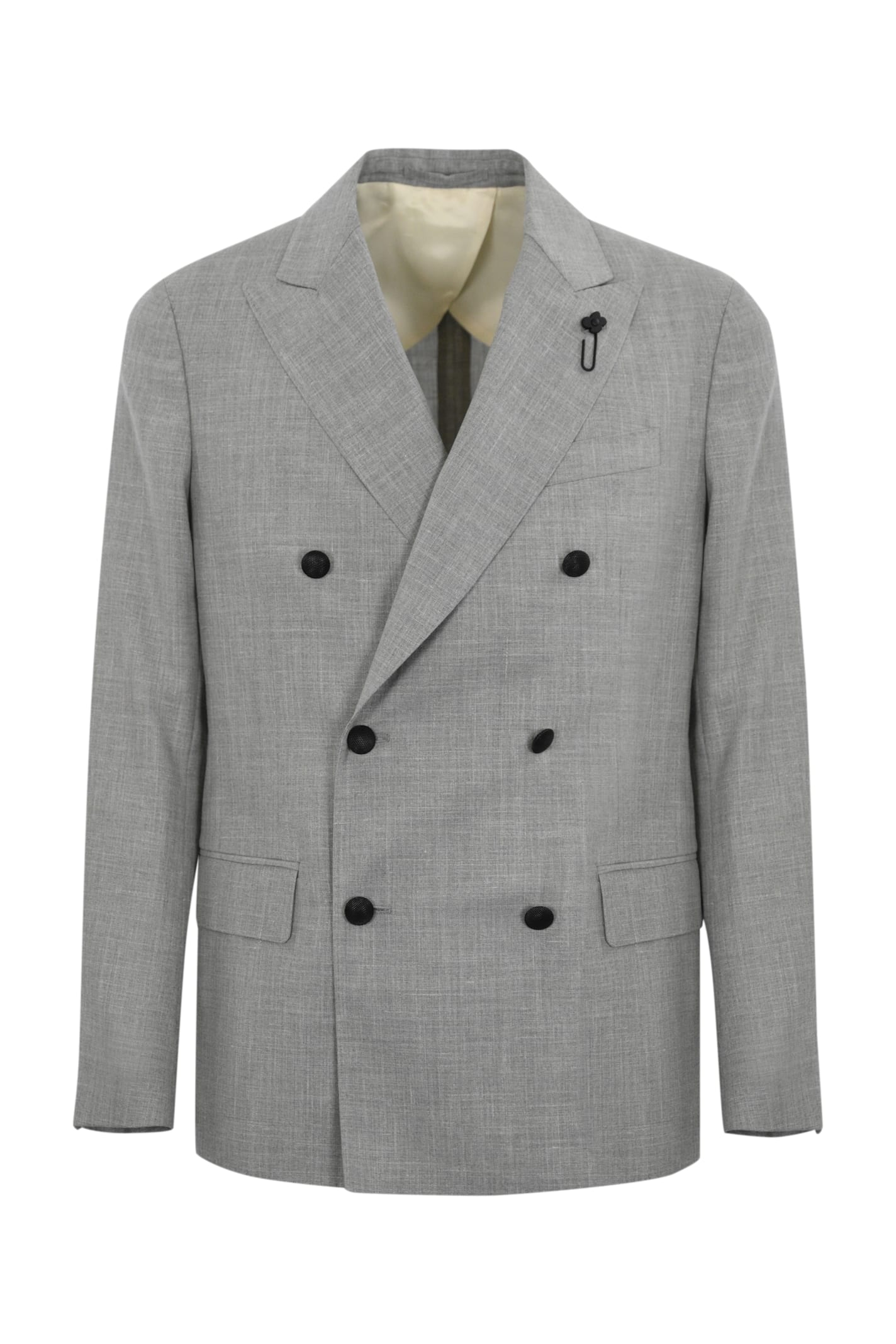Lardini Double-breasted Jacket In Wool Silk And Linen In Gray