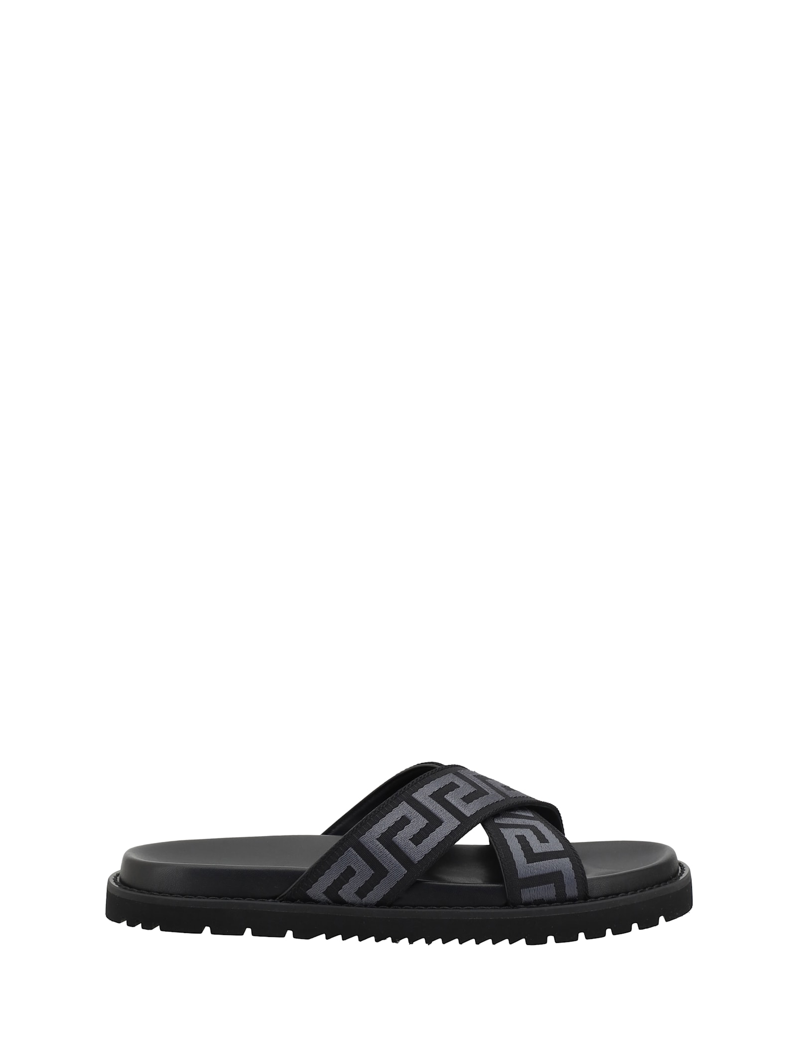 Versace Greca Jacquard Flat Slides In Black +anthracite