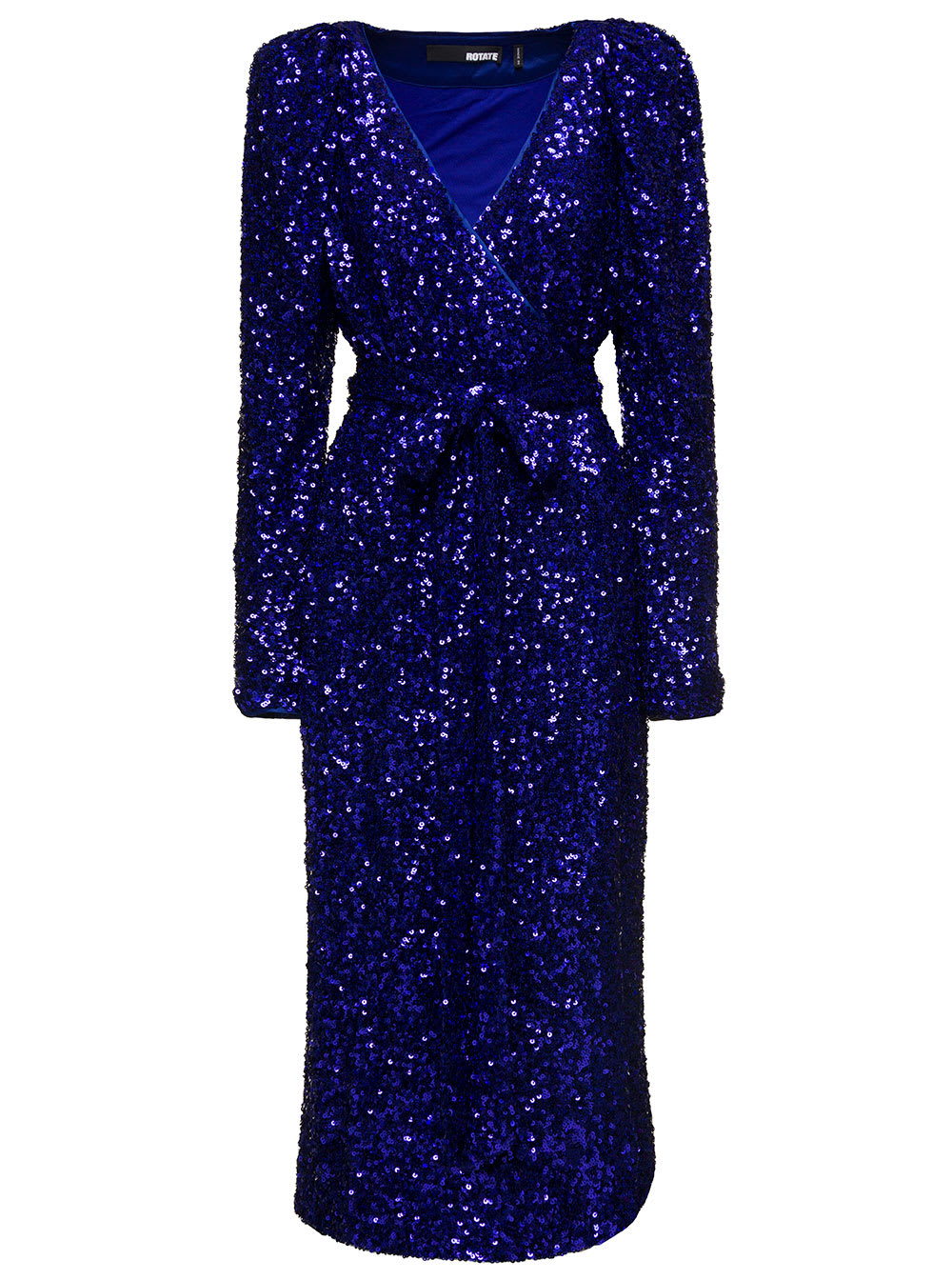 Shop Rotate Birger Christensen Long Blue Wrap Dress With All-over Sequins In Stretch Polyester Woman Rotate