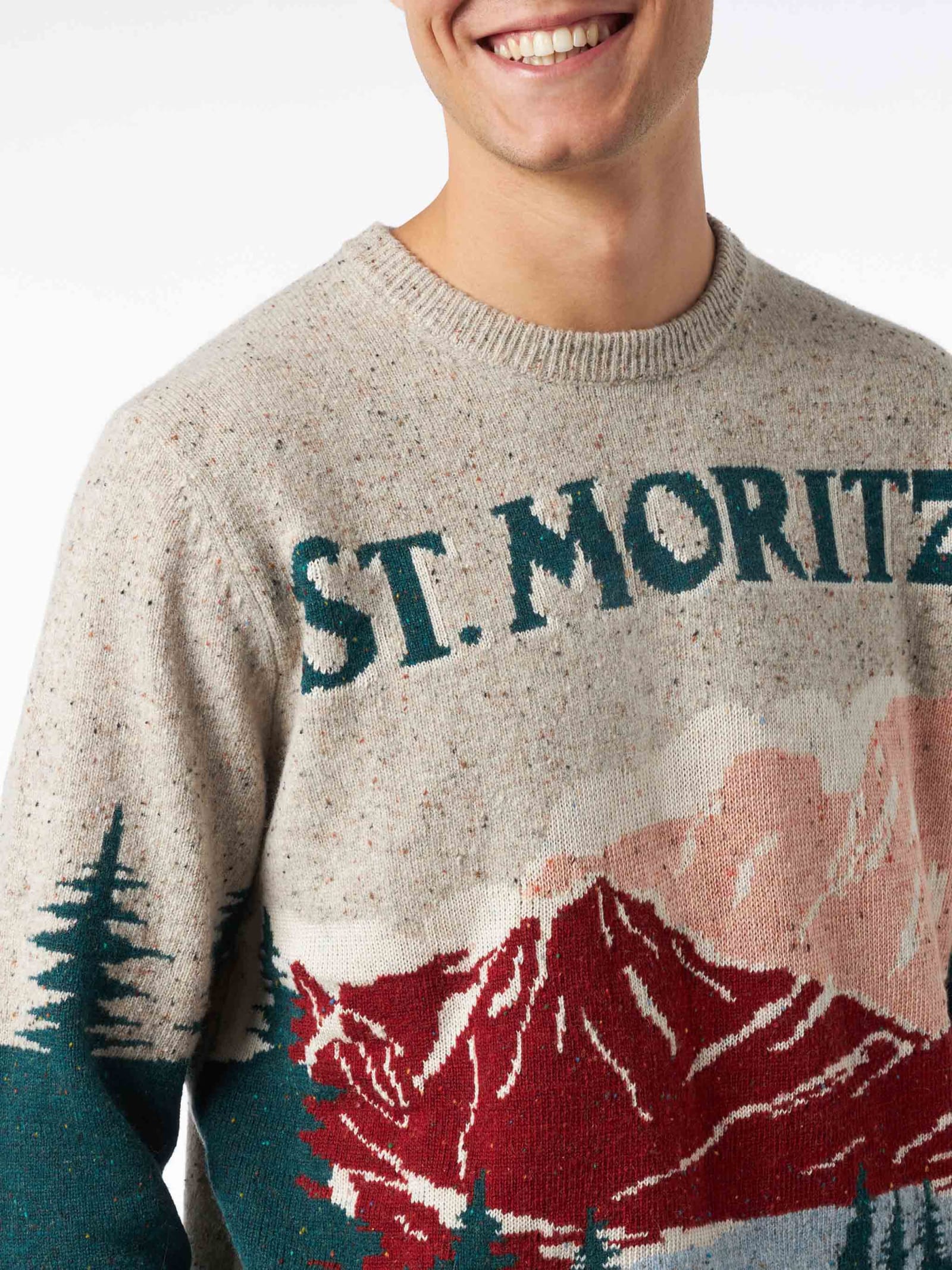 Mc2 Saint Barth Man Crewneck Donegal Sweater With St. Moritz Postcard Jacquard Print In Green