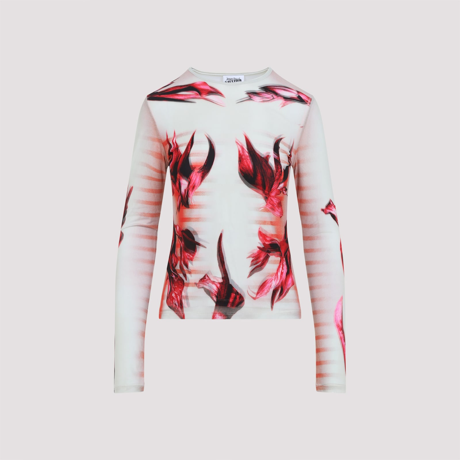 Shop Jean Paul Gaultier Layered Long Sleeves Top Printed Flower Body Morphing Mariniere In Mint Palepink Red