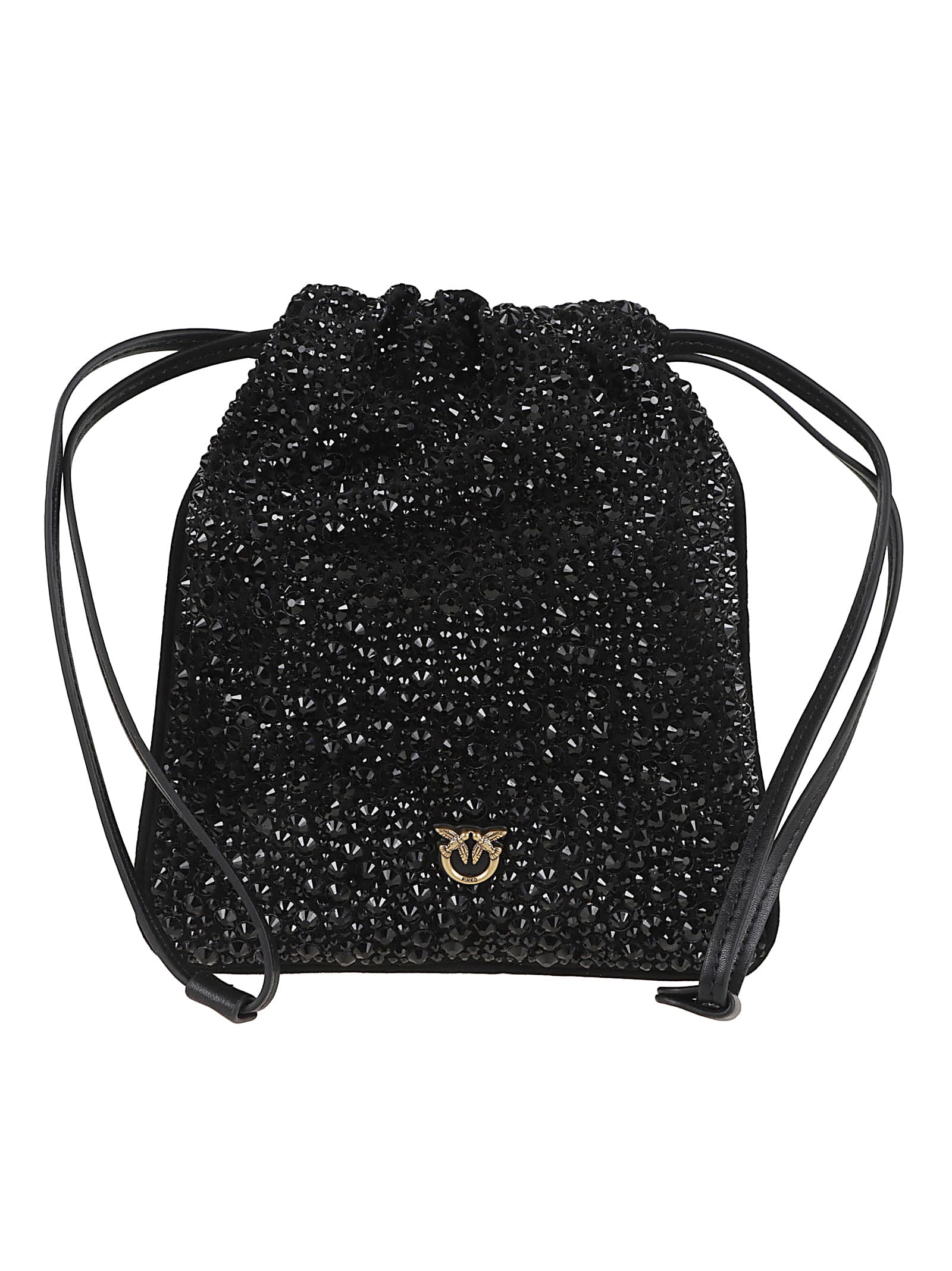 Pinko Black Slouchy Bag With Rhinestone Trim And Drawstring Closure In Black