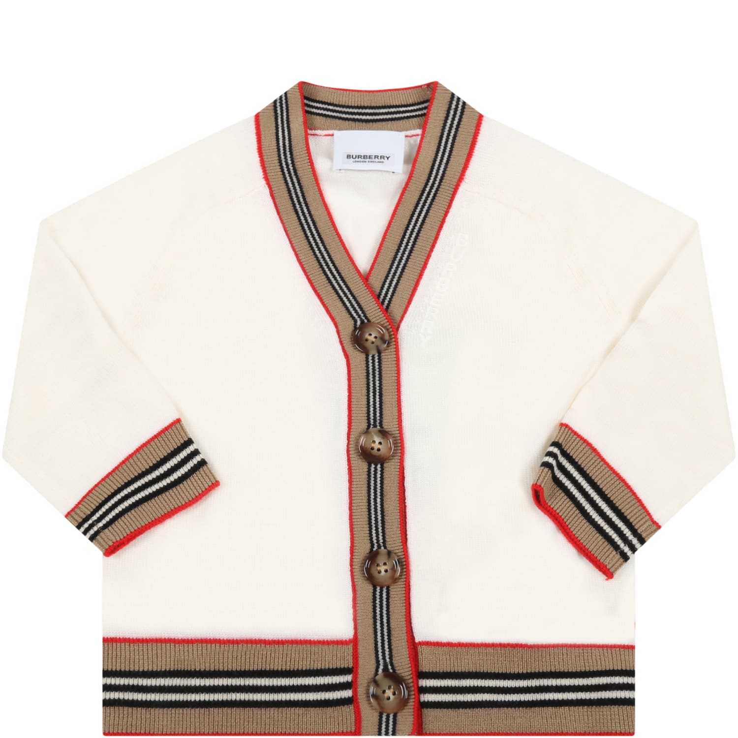 Burberry Ivory Cardigan For Baby Boy With White Embroidered Logo