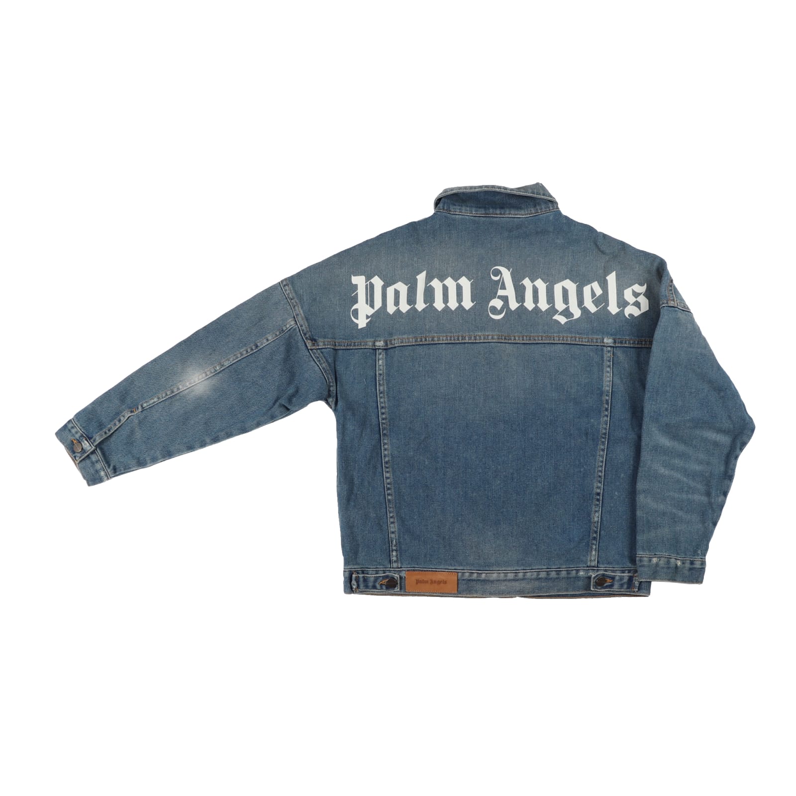 Palm Angels Blue Denim Jacket With White Print In Blue Denim