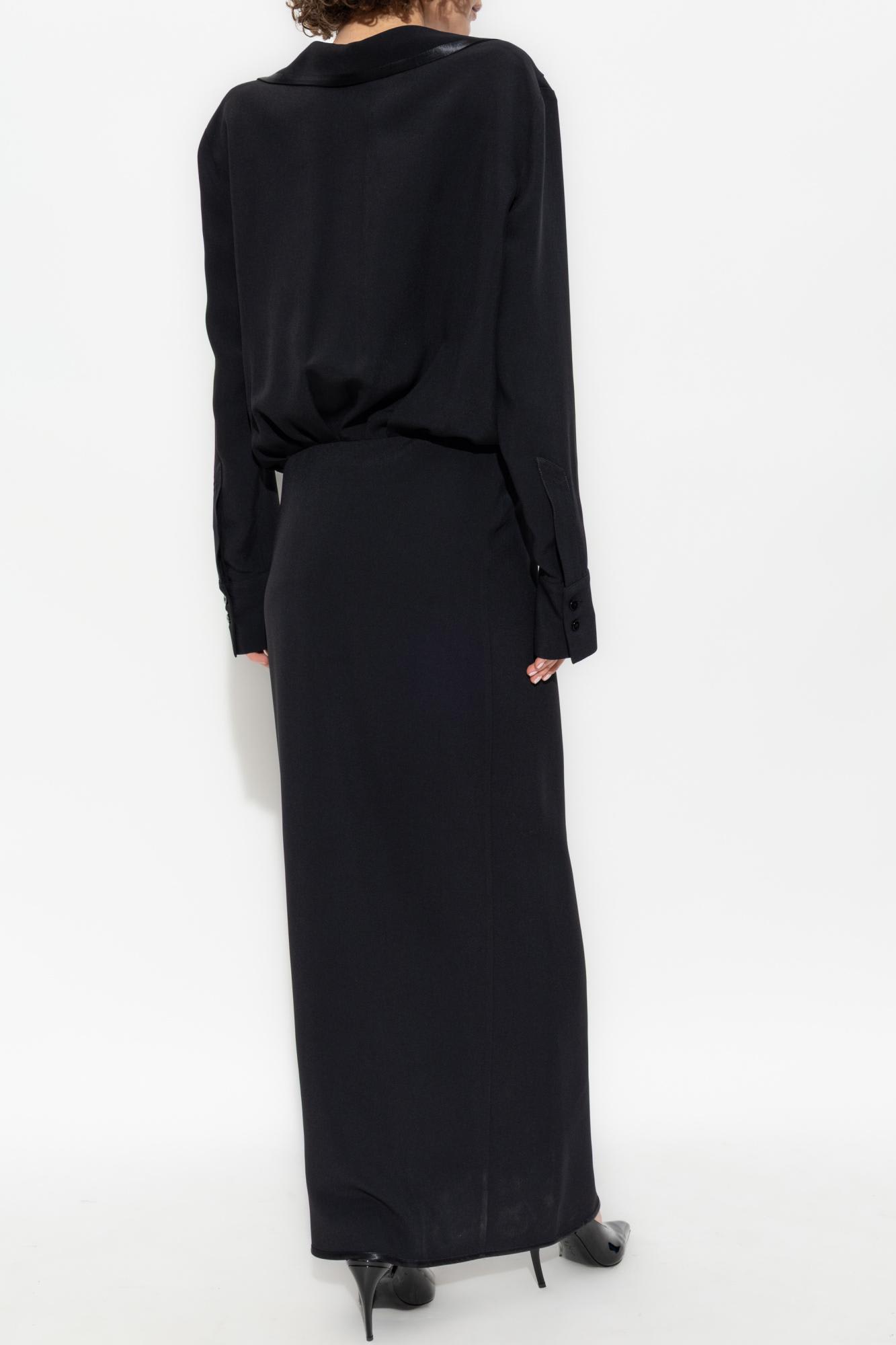 Attico V-neck Slit Midi Dress With Satin Piping In Black