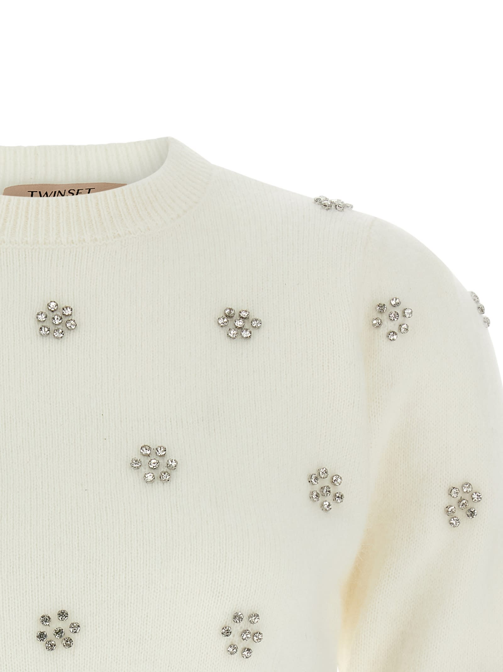 Twinset Creamy White Sweater With Floral Embellishments In White