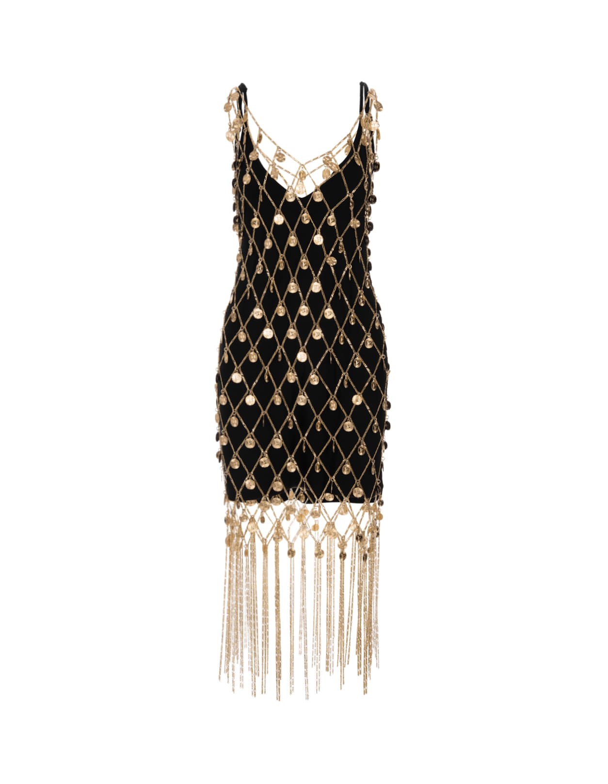 Shop Paco Rabanne Black Mini Dress With Metallic Gold Mesh In Nero