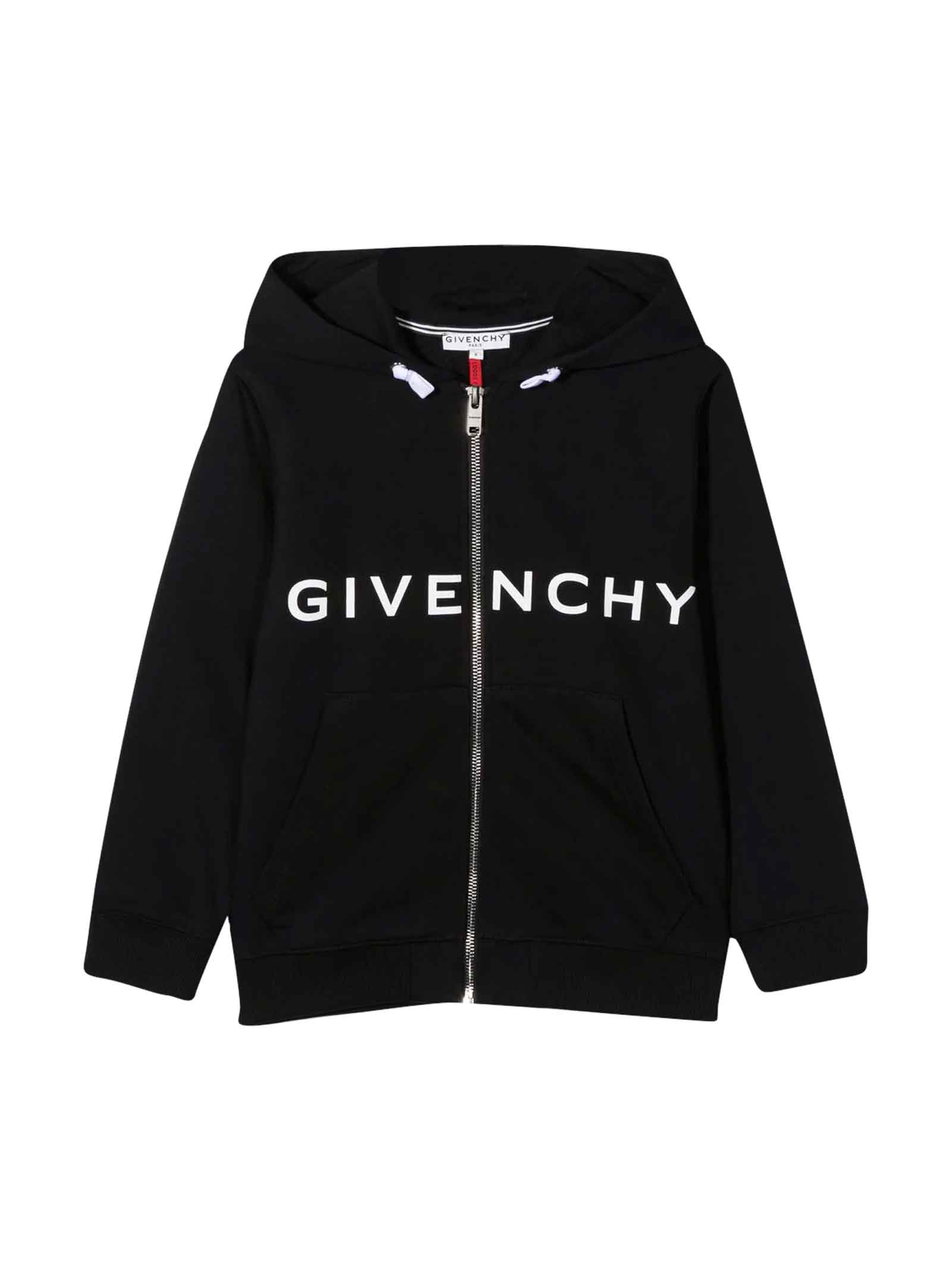 Givenchy Black Sweatshirt With Zip, Hood And White Logo