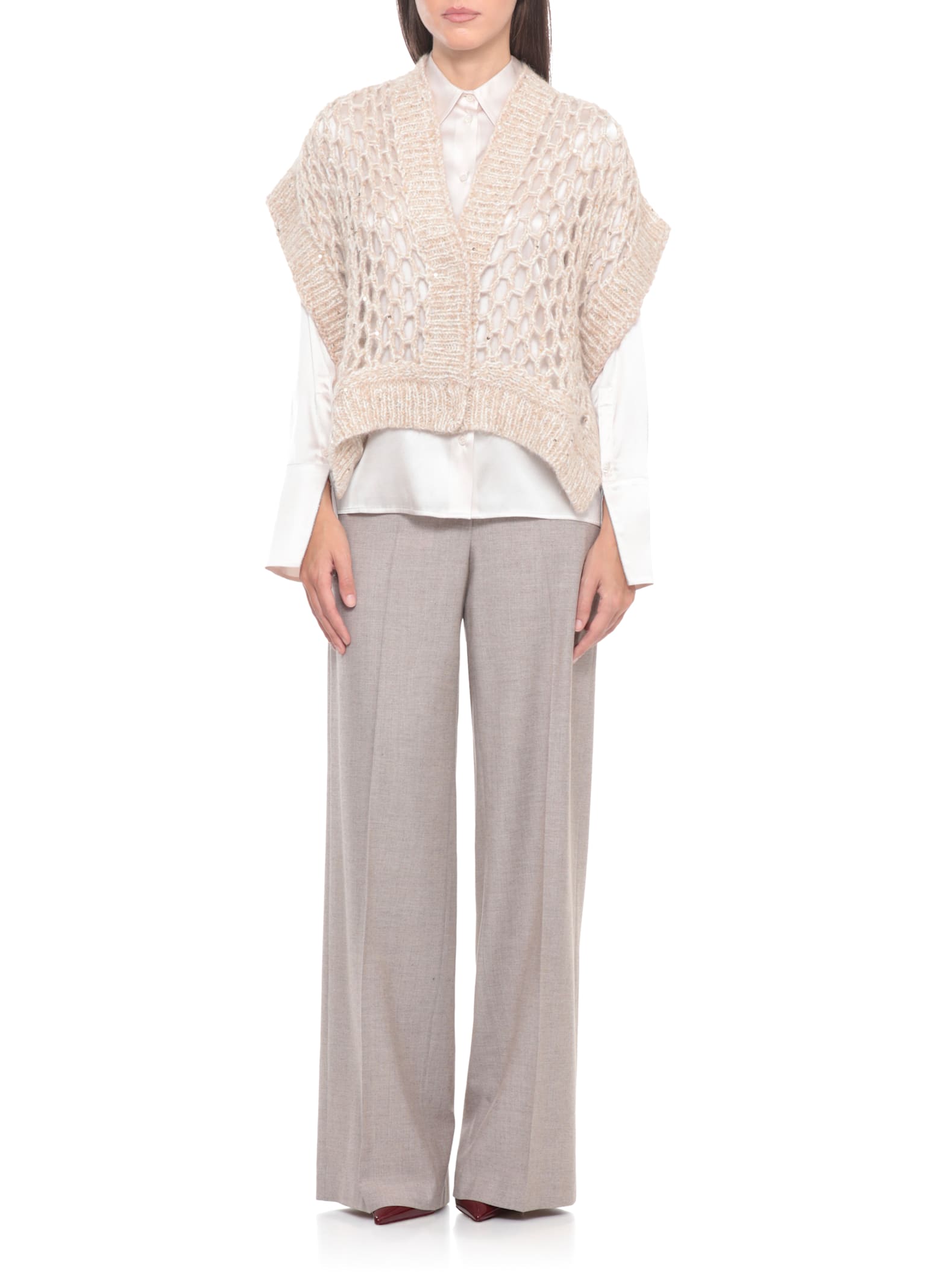 Peserico Sleeveless Open Knit Sweater Featuring Sequins In Neutral
