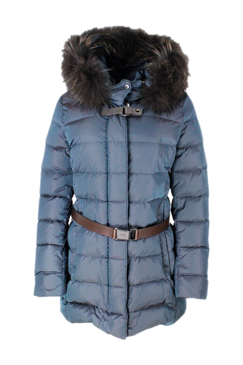 Moorer Down Jacket In Iridescent Technical Fabric With Detachable Hood With Detachable Fox Edging With Belt And Side-by-side Leather Details