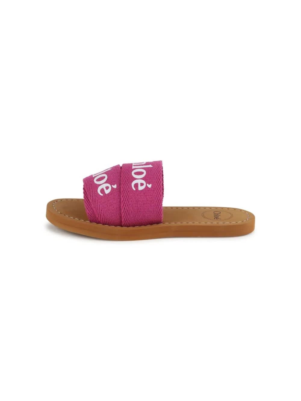 Shop Chloé Woody Sandals In Fuchsia Canvas With Logo In Pink