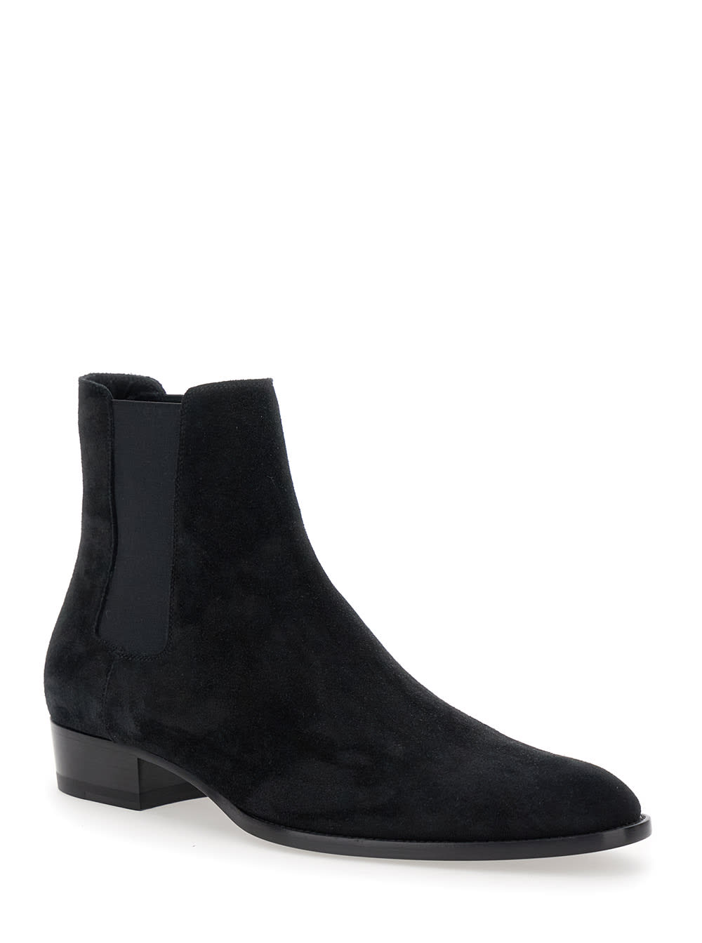 Shop Saint Laurent Wyatt Black Chelsea Boots In Suede Man