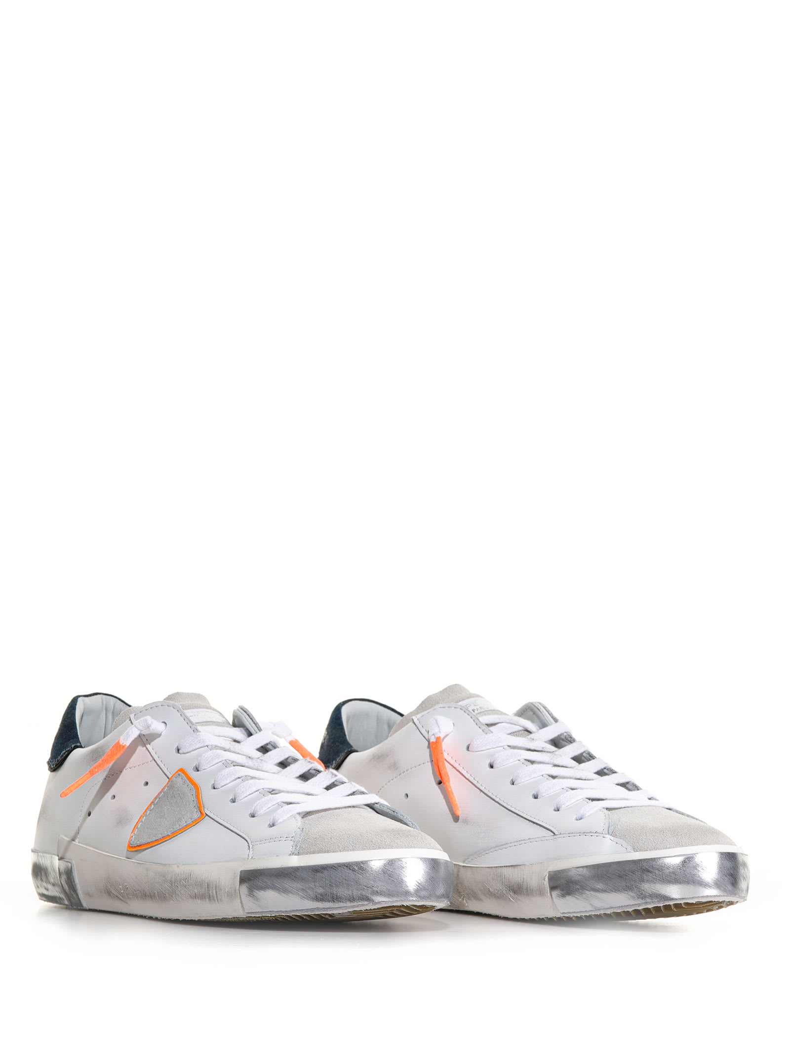 Shop Philippe Model Prsx Sneaker With Denim Heel In Bianco Denim Argento Arancio