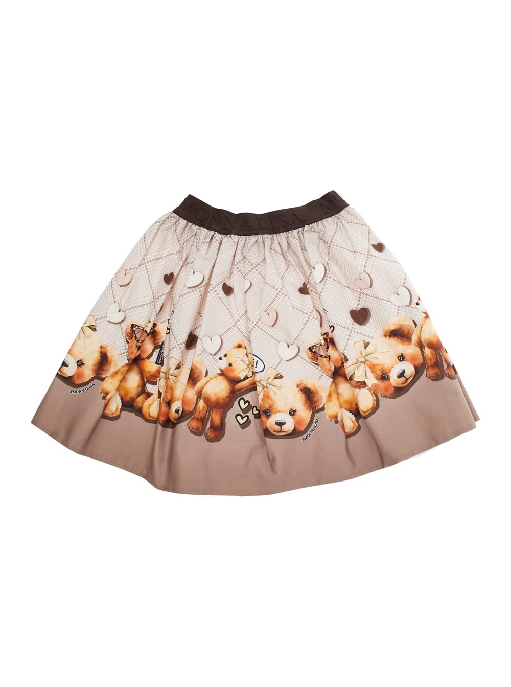 Monnalisa Beige Skirt With Elastic Waist With Logo Lettering And All-over Print In Cotton Stretch Girl In Multi