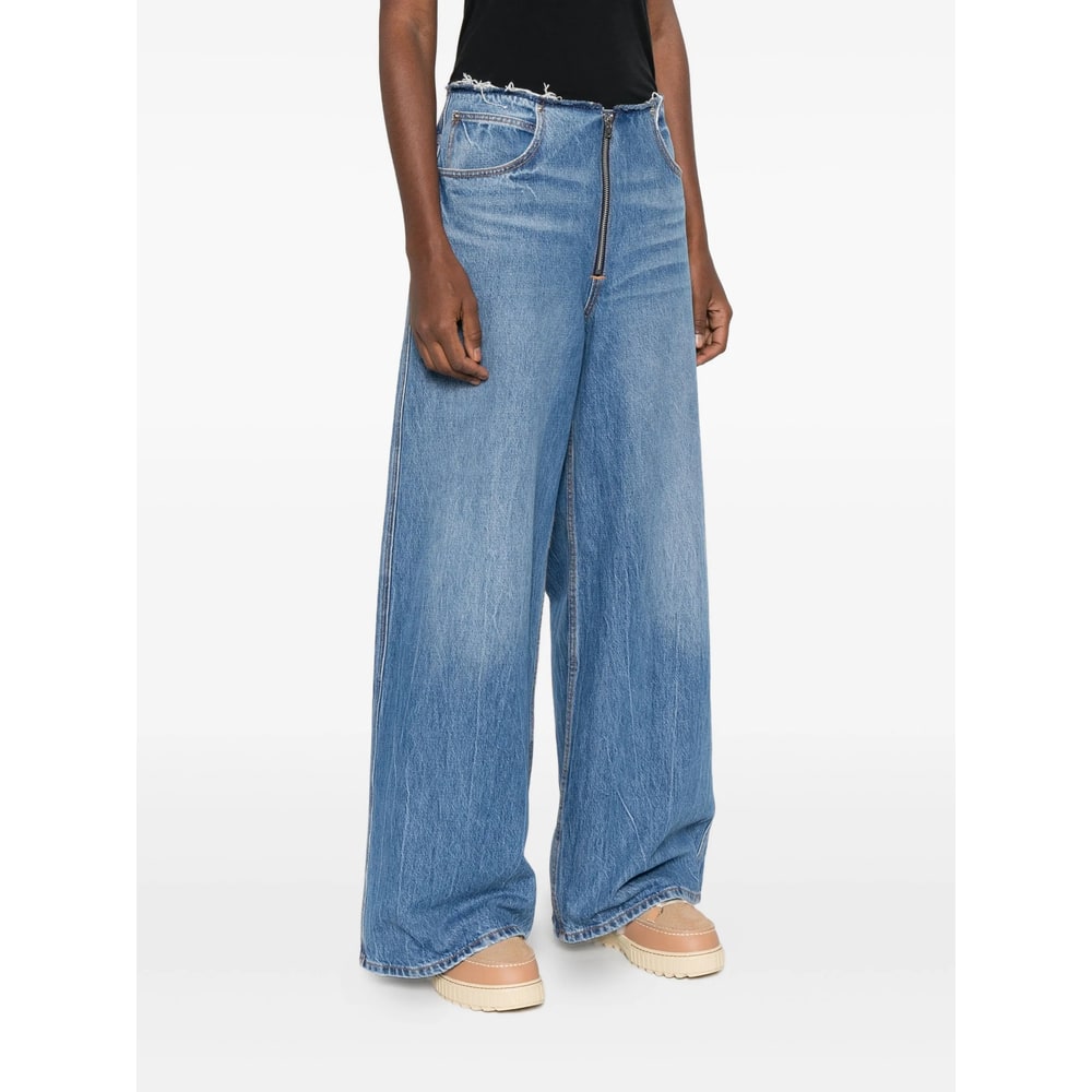 Alexander Wang Frayed Waist Wide Leg Zip-up Jeans In Blue
