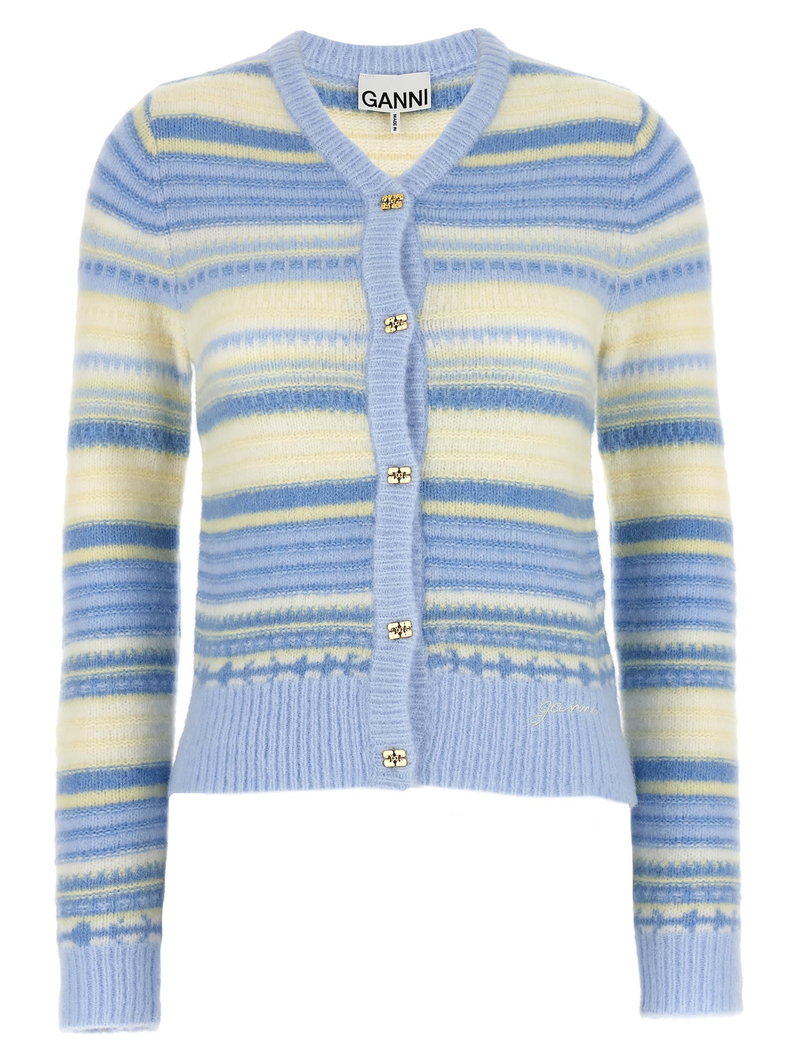 Shop Ganni Striped Cardigan In Light Blue