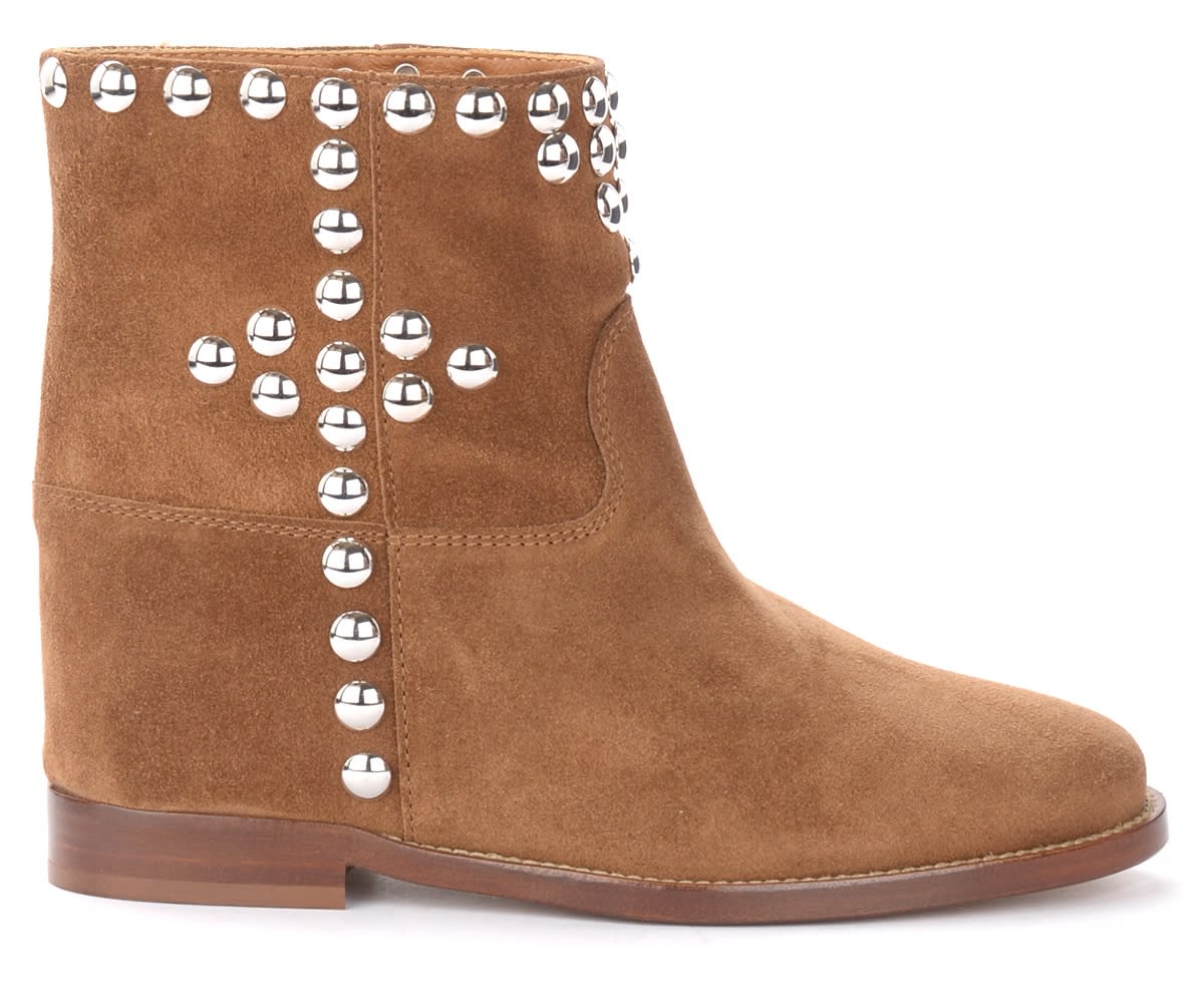 Via Roma 15 Ankle Boots In Leather-coloured Suede With Maxi Round Studs