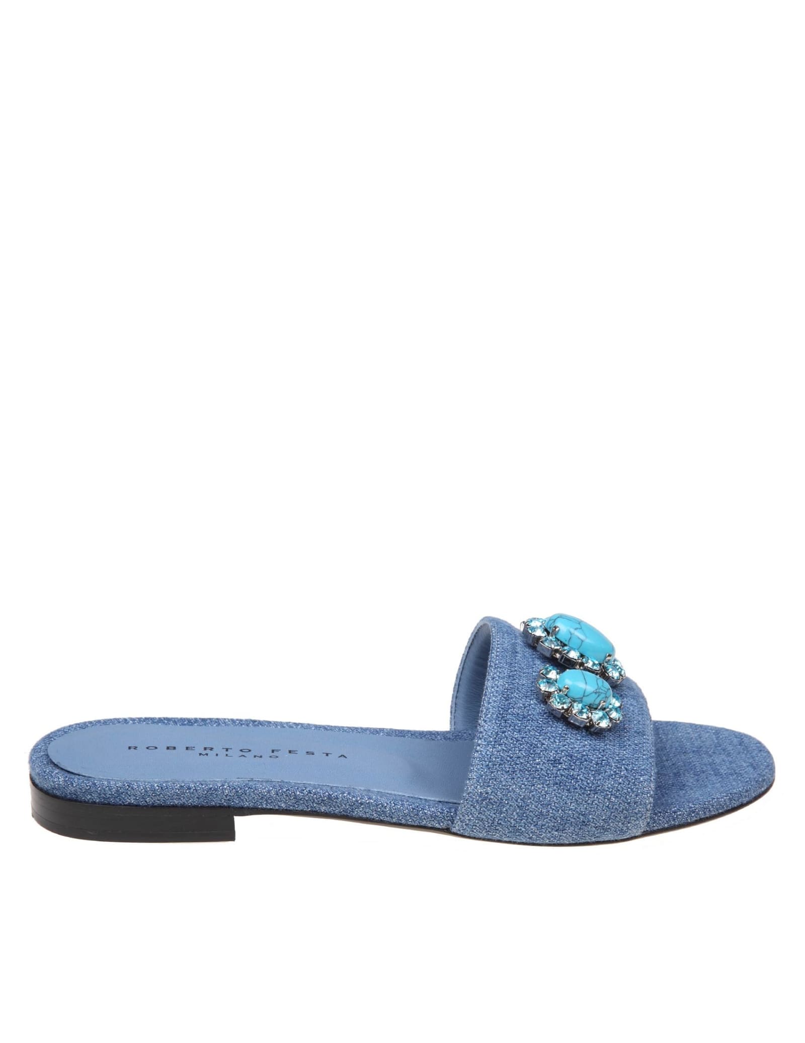 Shop Roberto Festa Panarea Slippers In Jeans With Applied Stones