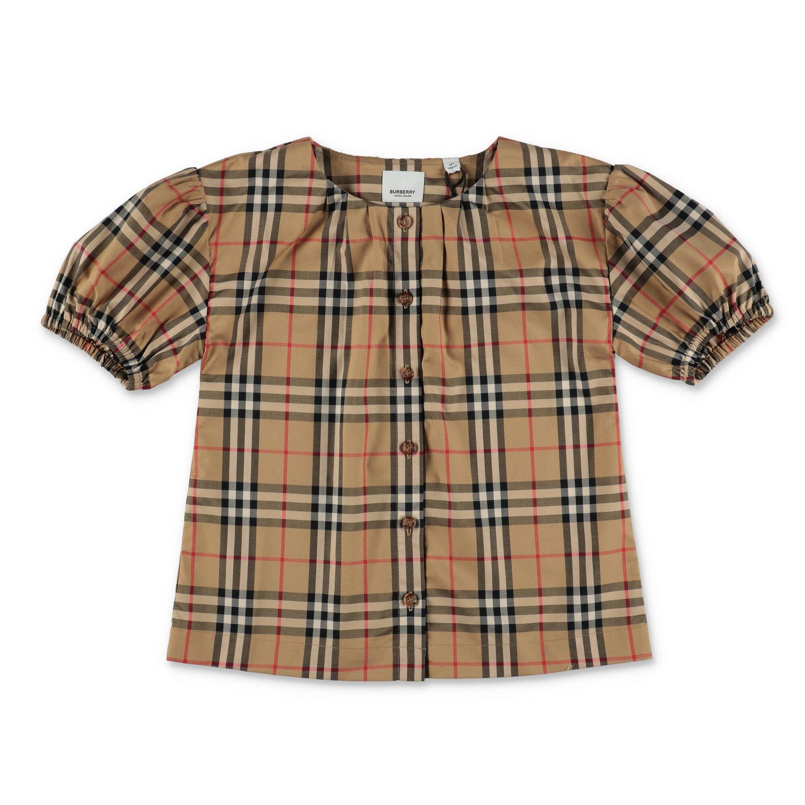 Shop Burberry Checkered Puff Sleeved Twill Blouse In Beige