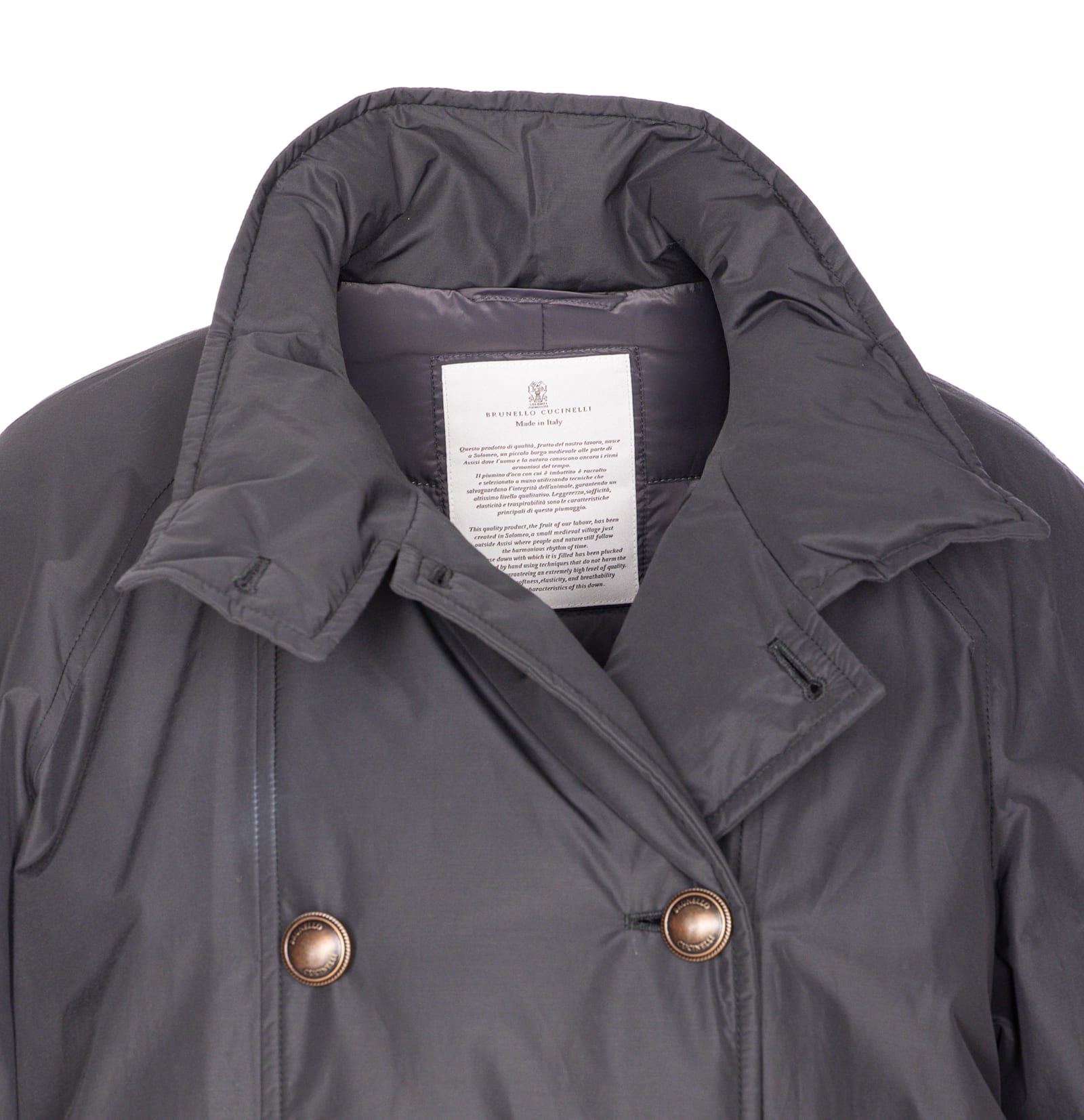 Brunello Cucinelli Double-breasted High Neck Down Jacket In Gray