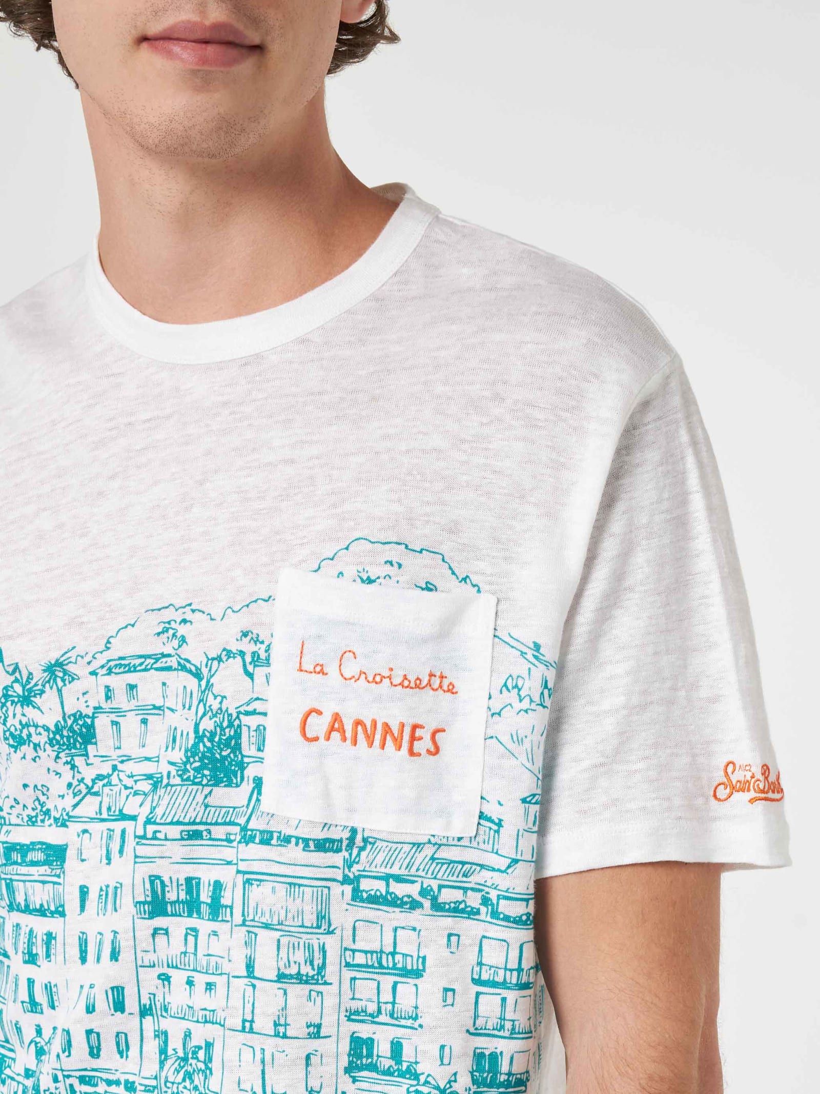 MC2 SAINT BARTH MAN LINEN JERSEY T-SHIRT ECSTASEA WITH CANNES PLACED PRINT AND EMBROIDERED POCKET