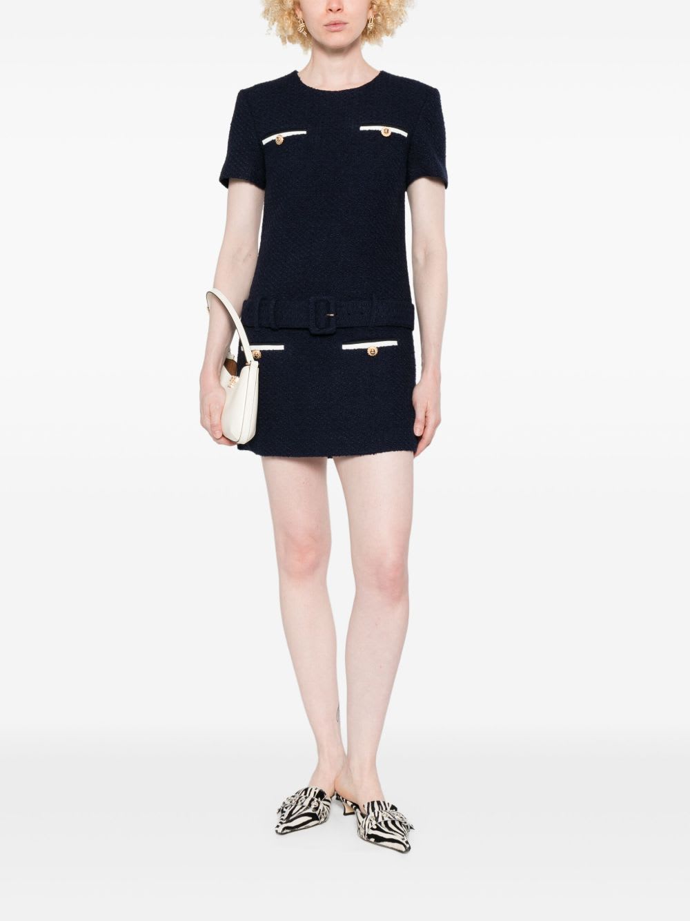 Self-portrait Textured Boucle Mini Dress With Belted Waist And Gold-tone Accents In Black