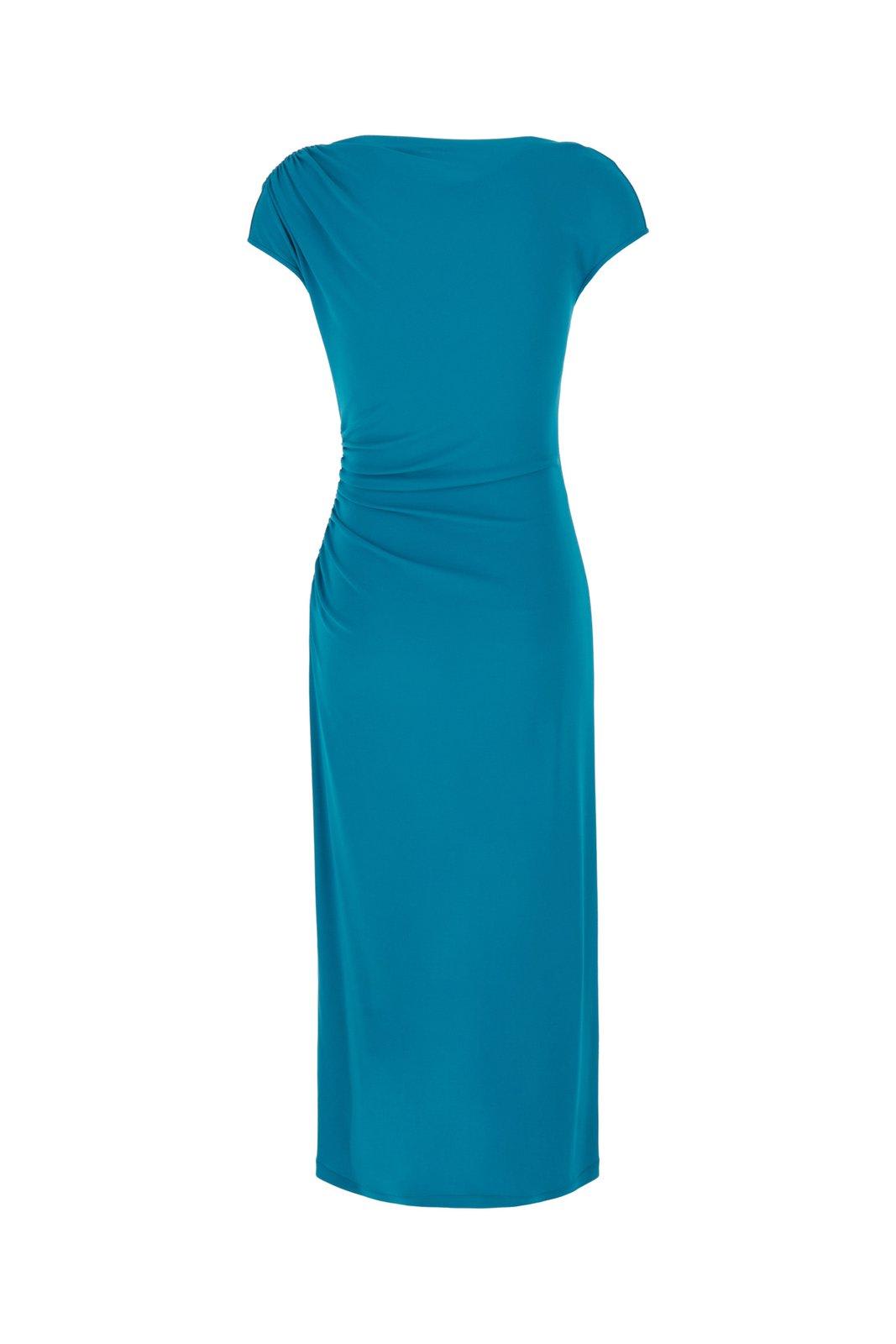 Shop Alberta Ferretti Ruched Short-sleeved Dress In Turquoise