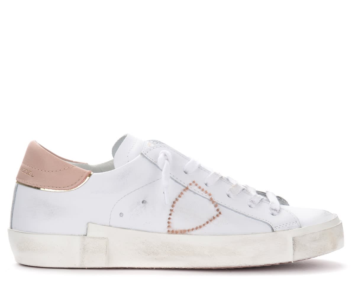 Philippe Model Paris X Trainer In White And Pink Leather With Edged Shield