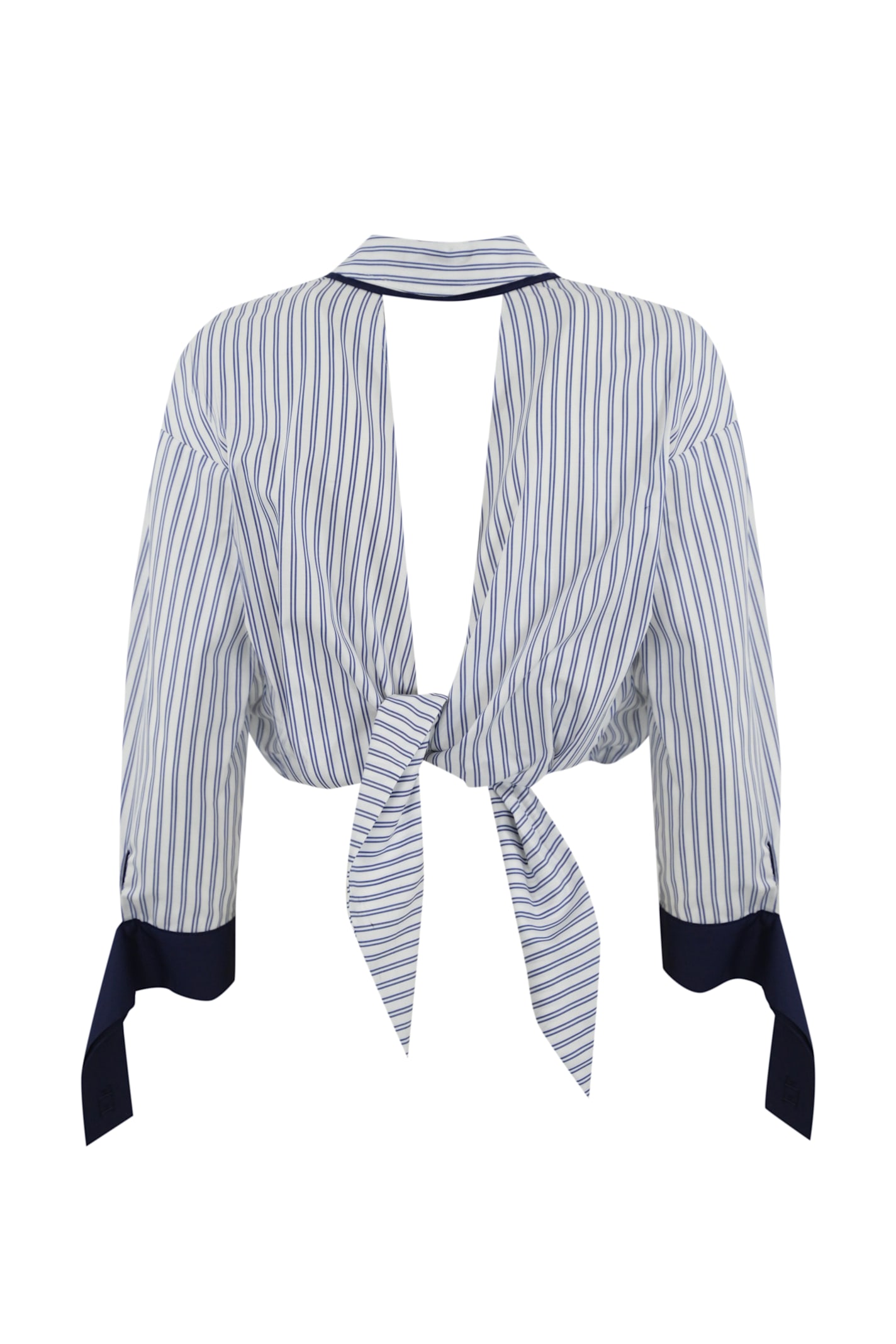 Elisabetta Franchi Striped Poplin Shirt With Knot In Bianco/blu