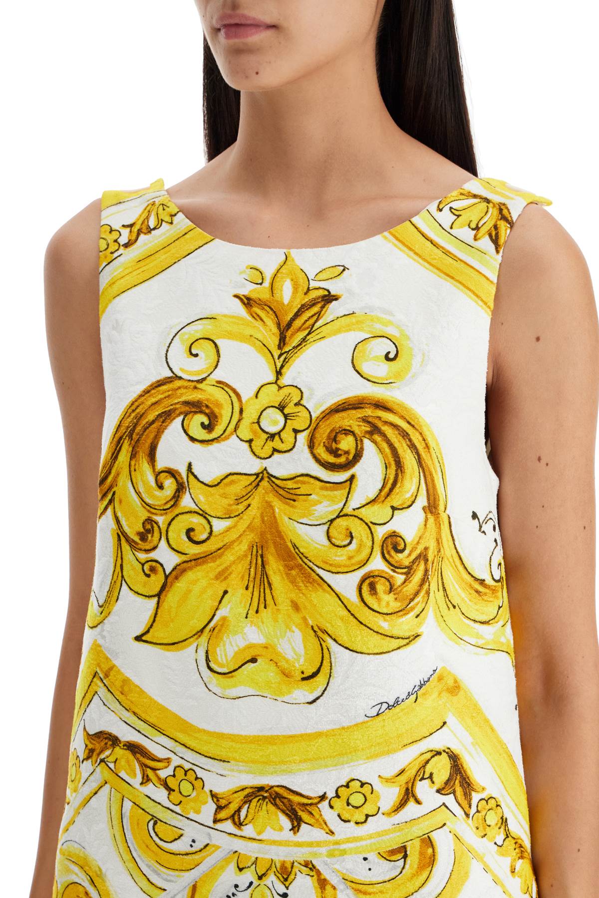 Shop Dolce & Gabbana Mini Brocade Dress With Mai In Mix Maiolica Giallo (white)