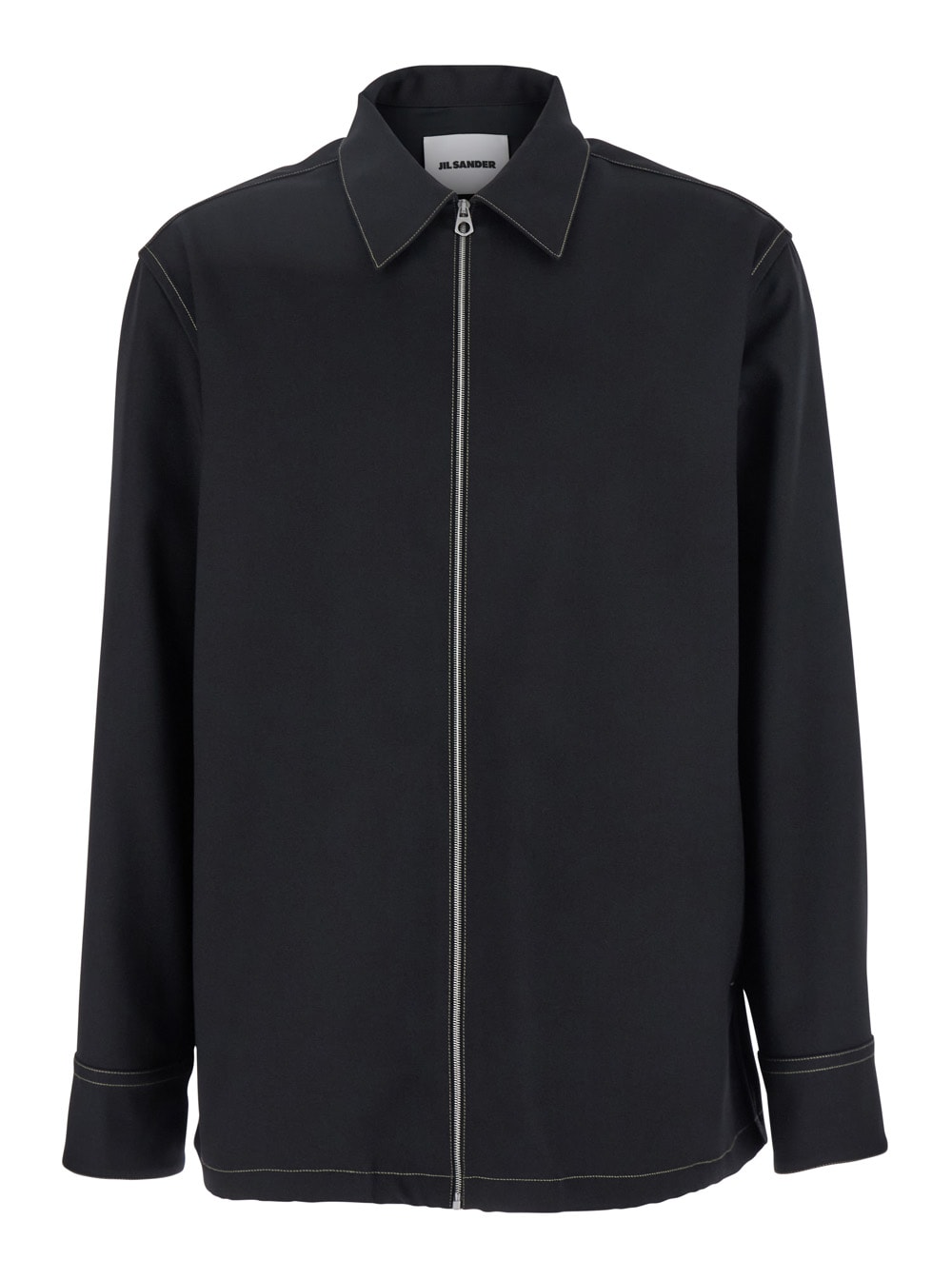 Jil Sander Black Zip-up Shirt With Contrasting Stitching In Tech Fabric Man In Black