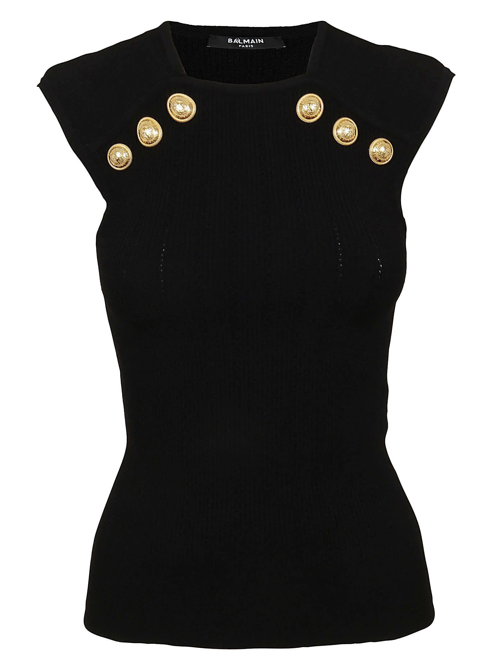 Balmain Button-embellished Ribbed-knit Tank In Pa Noir