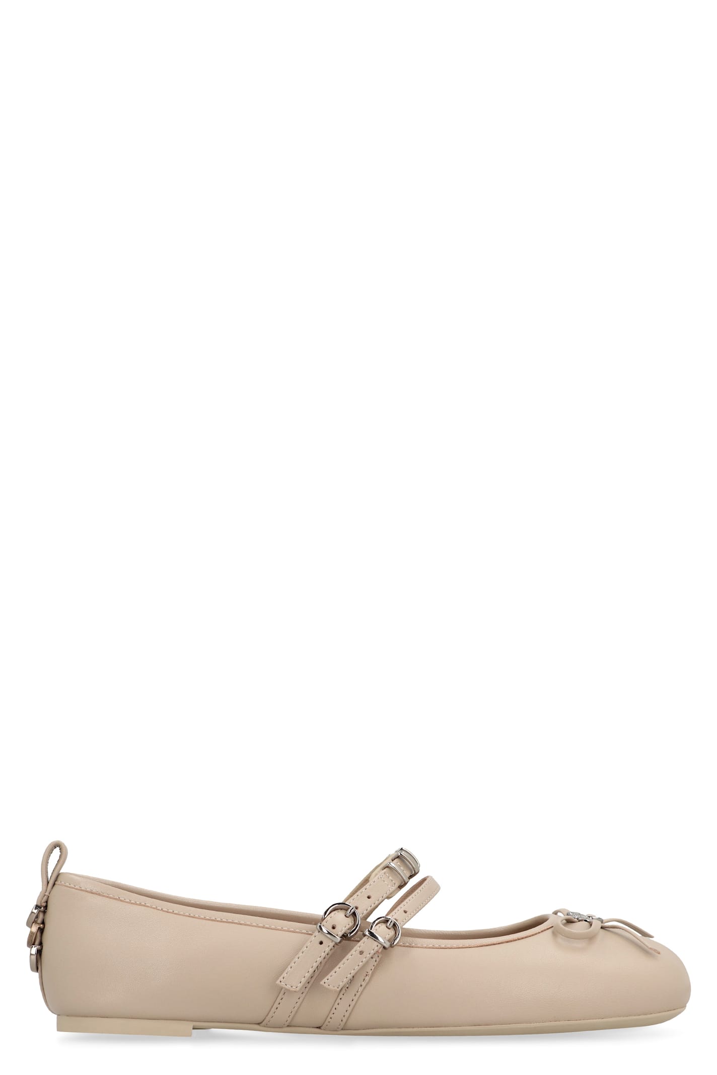 Pinko Nappa Leather Ballet Flats With Straps And Bow In Ecru