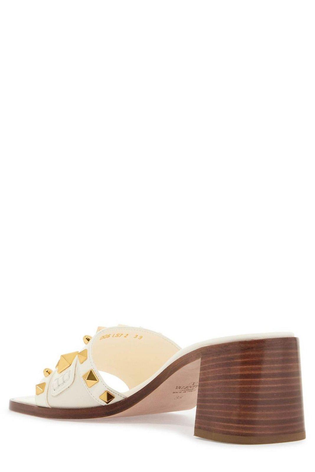 Valentino Ivory Leather Slippers With Golden Studs And Low Heel In Ivory