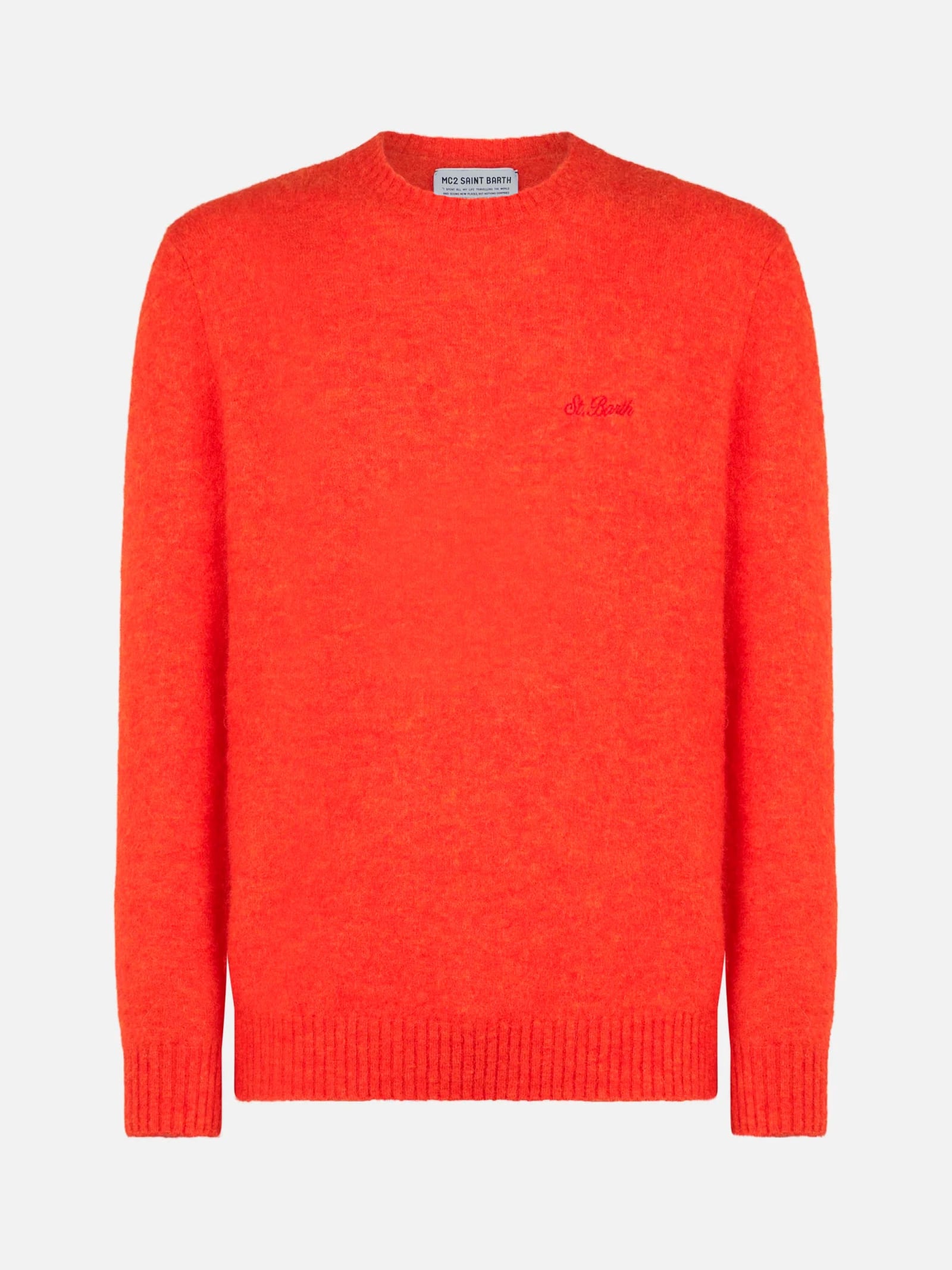 Mc2 Saint Barth Man Orange Stretch Wool Sweater With St. Barth Embroidery In Orange