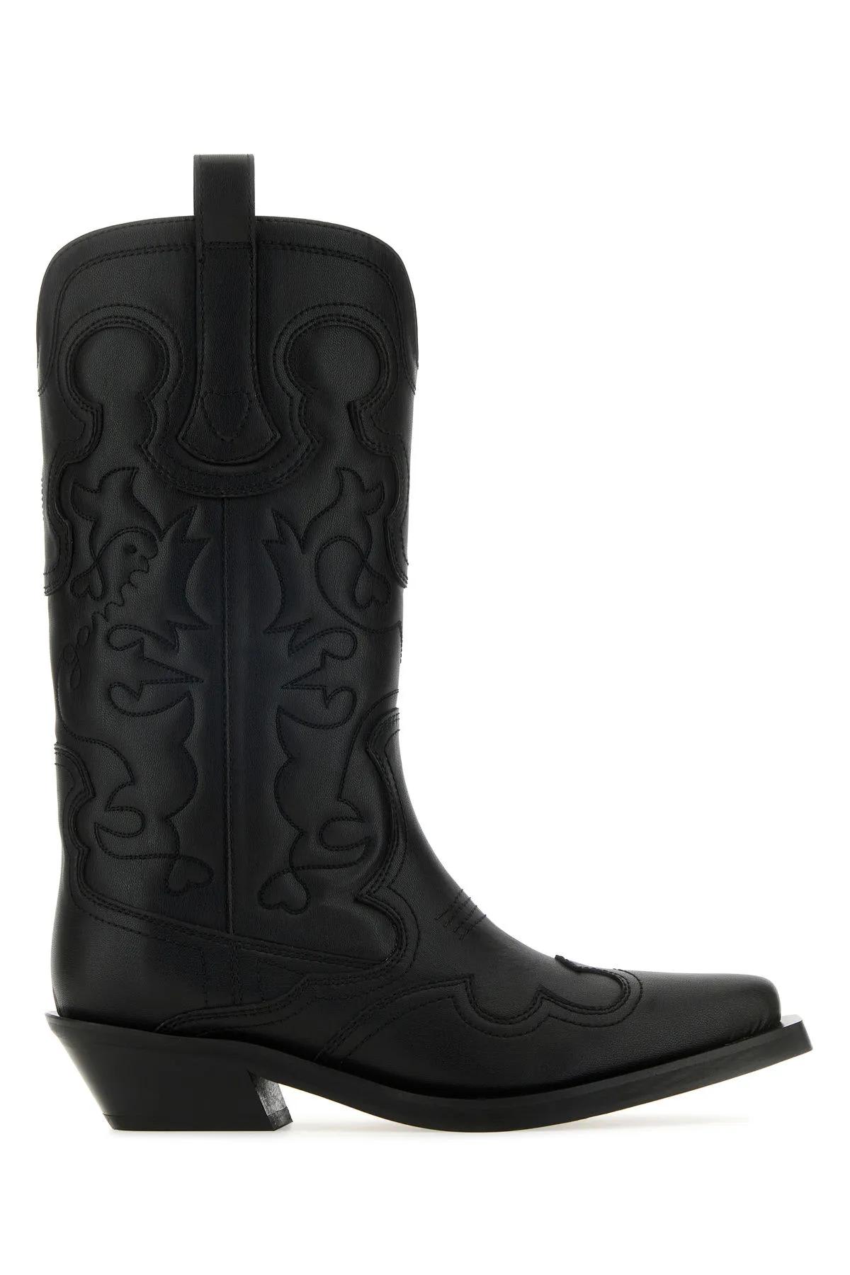 Shop Ganni Black Leather Boots In Black/black