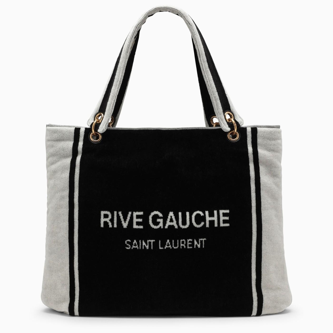 Shop Saint Laurent Rive Gauche Tote In Black And White Terry Cloth